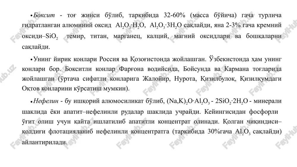 ang beradi) tarkibiga kirib, uning cho'kishini tezlashtiradi. bundan tashqari, hosil bo'lgan natriy alyuminatning naalo2 bir qismi natriy silikat - na2sio3 bilan o'zaro ta'sirlashib, erimaydigan natriy alyumosilikatga aylanadi: 2naalo2 + 2na2sio3 + 4h2o = na2o · al2o3 · 2sio2 · 2h2o + 4naoh. alyumosilikat cho'kmasi qizil shlam bilan birga tindirgichlarda so'ngra filtr eritmalaridan ajratiladi. cho'kma suv bilan yuviladi, filtrat (yuvuvchi suv) esa pulpani suyultirishga yuboriladi. ba'zan boksitni ishqorda eritishdan oldin boyitiladi, masalan, boksit tarkibidagi qum, tuproq kabi aralashmalar suv bilan yuviladi. natijada boksit tarkibidagi begona aralashmalar ancha kamayadi. uchinchi bosqich, qayirish (vkruchivaniya) deyilib, unda to'htovsiz aralashtirib turgan holda, 60-90soat mobaynida suyultirilgan natriy alyuminat eritmasining asta-sekin 600dan 400gacha sovitish yo'li bilan parchalantiriladi. eritmadan natriy alyuminatning gidrolizi reaktsiyasi natijasida alyuminiyning 50%ga yaqin qismi al(oh)3 ko'rinishida cho'kmaga tushadi. naalo2 + 2h2o = al(oh)3 + naoh. qayirish oldidan eritmaga toza cho'ktirib olingan kristallaridan qo'shiladi. u qor vazifasini o'taydi, yani al(oh)3 yaxshi filtrlanadigan shaklida tez cho'kishini …