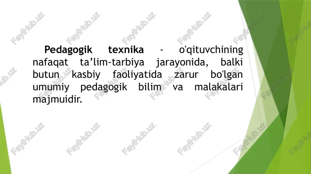 rsatishdagi o'qituvchining ma’naviy va estetik qiyofasi. bu tarbiyalanuvchilarga yaqqol namoyon bo'ladigan xususiyatdir. agar o'qituvchi ma’naviy qashshoq bo'lsa, nutqi tartibsiz va muloqotda no'noq bo'ladi, didi past, o'z hissiyodarini jilovlay olmaydigan qo'pol bo'lsa, uning ta’lim-tarbiya berishi haqida gap bolishi mumkin emas. pedagogik texnika xususiyatlari pedagogik texnikaning muhim xususiyatlaridan biri o'qituvchining o‘quvchilar bilan bevosita muloqoti jarayonida shakllanadigan kasbiy texnik ko'nikma va malakalaridir. bunda pedagogik texnikaning ko'nikma va malakalari o'qituvchining pedagogik mahorati bilan aloqadorlikda shakllanib boradi. rivojlangan pedagogik texnika xususiyatlari o'qituvchiga o‘quvchilar bilan muloqot jarayonida zarur so'z va gap ohangi, qarash, imo ishorani tez va aniq topish, kutilmagan pedagogik v aziyatlarda bosiqlik va osoyishtalik. aniq fikr yuritish, vaziyatni fikran va tez tahlil qilish kabiqobiliyatiarini namoyish etish bilan ifodalanadi. pedagogik texnikaning ushbu xususiyatlari o‘qituvchi kasbiy mahoratida aniq ifodalangan individual shaxsiy shakl oladi, ya’ni o‘qituvchining psixologik-fiziologik xususiyatlari asosida uning shaxsiy pedagogik texnikasini tarkib toptiradi. psixolog olimlar r.z.gaynutdinov, m.g.davletshin, s.jalilova, m.abdullajonova kabilar o‘qituvchilarning individual kasbiy faoliyatini batafsil …