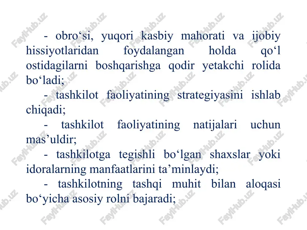 niyatli, barcha jabhalarda namuna bo‘lish qobiliyati; - yuqori dinamiklik va noaniqlik sharoitida quyida turuvchi rahbarlar va xodimlar bilan kelishish asosida omilkor qarorlarni asoslash va qabul qilish, qabul qilingan qarorlarning bajarilishida xodimlar ishtirokini ta’minlash; - bozor va uning segmentlaridagi iqtisodiy vaziyatni tahlil qilish bo‘yicha amaliy bilim hamda tajribaning mavjudligi; - raqib firmalar faoliyati va harakatlarini tahlil qila bilish; - tashkilot ishini bashorat qilish va rejalashtira bilish; - zamonaviy axborot-kommunikatsion texnologiyalardan foydalana olish; - tashkilotni boshqarish va faoliyat yuritishning samaradorligini oshirish usullarini bilish; - kishilar bilan ishlash, ularga ta’sir ko‘rsatish qobiliyati, buning uchun zarur bo‘lgan dilkashlik, adolatlikka ega bo‘lish, «insoniy munosabatlar»ni bilish; - o‘z-o‘zini va o‘z vaqtini boshqara bilish; - masalalarni hal qilishda qat’iylik, g‘ayratlilik, dinamiklik; - rasmiy va norasmiy tuzilmalarning o‘zaro aloqasini hisobga olgan holda kishilar bilan munosabatlar o‘rnata bilish. menejerga qo‘yiladigan talablar: 1. ma’naviy yetuklik (siyosiy, huquqiy, axloqiy yetuklik, madaniyatlilik) 2. intizom va mehnatga bo‘lgan munosabat (mehnatsevar, jamoa o‘rtasida intizomni …