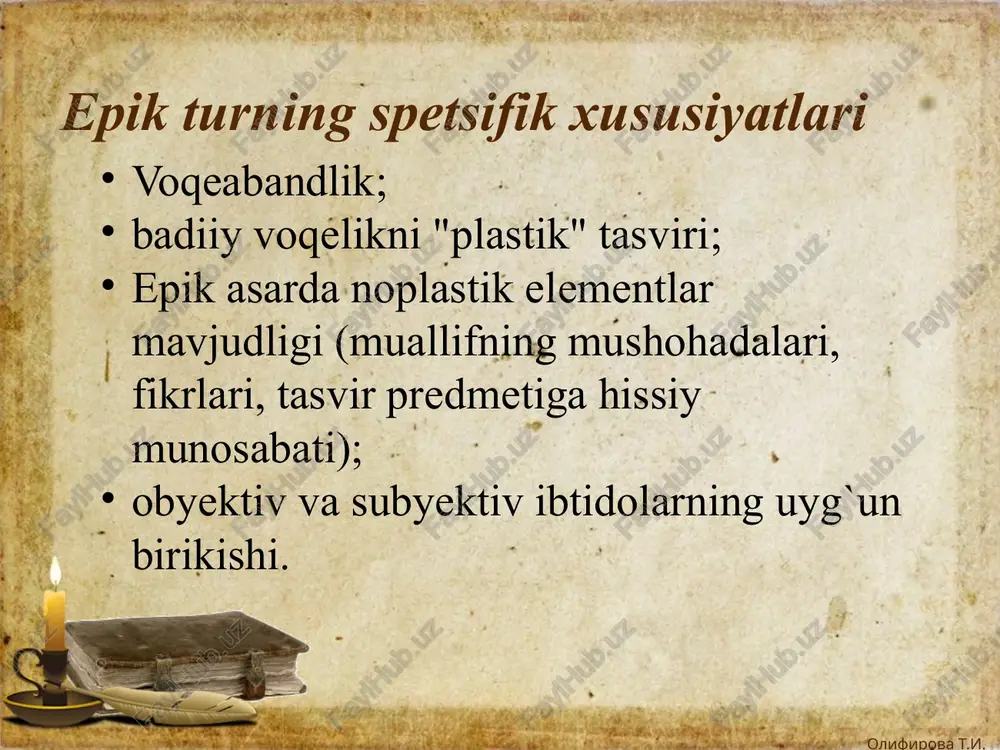 nining qahramonlari sifatida — otabek (bosh qahramon), yusufbek hoji va kumushbibi ikkinchi darajali personajlar asar qahramonlari tegrasida harakatlanib, sujet rivoji va badiiy konsepsiyaning ifodalanishida ma'lum rol o`ynaganlari holda, asosan, qahramon xarakterini ochishga, u harakatlanayotgan muhitning xususiyatlarini, uning taqdirini ko`rsatishga xizmat qiluvchi vosita sifatida namoyon bo`ladi. m., hasanali, o`zbek oyim, oftob oyim, usta alim, zaynab, homid obrazlari yordamchi personajlar yuqoridagilarning har ikkisiga nisbatan yordamchilik funksiyasida bo`lib, ular mavqei jihatidan badiiy detalga yaqin turadi. m., qovoq devona olifirova t.i. olifirova t.i. epik janrlar: 1) kichik epik shakllar: latifa, masal, hikoyat, rivoyat, ertak, afsona, badia, etyud, ocherk, esse; 2) o`rta epik shakllar: qissa (povest) 3) epos, epik doston, roman, epopeya olifirova t.i. olifirova t.i. badia, etyud, ocherk kabilar sof badiiy proza namunasi bo`lmay, badiiy-publitsistik janrlar sanaladi. olifirova t.i. olifirova t.i. savol va topshiriqlar: 1. epik asardagi “plastik” va “noplastik” unsurlar deyilganda nimani tushunasiz? epik asarda obyektiv va subyektiv ibtidolarning uyg`un birikishini tushuntirib bering. …