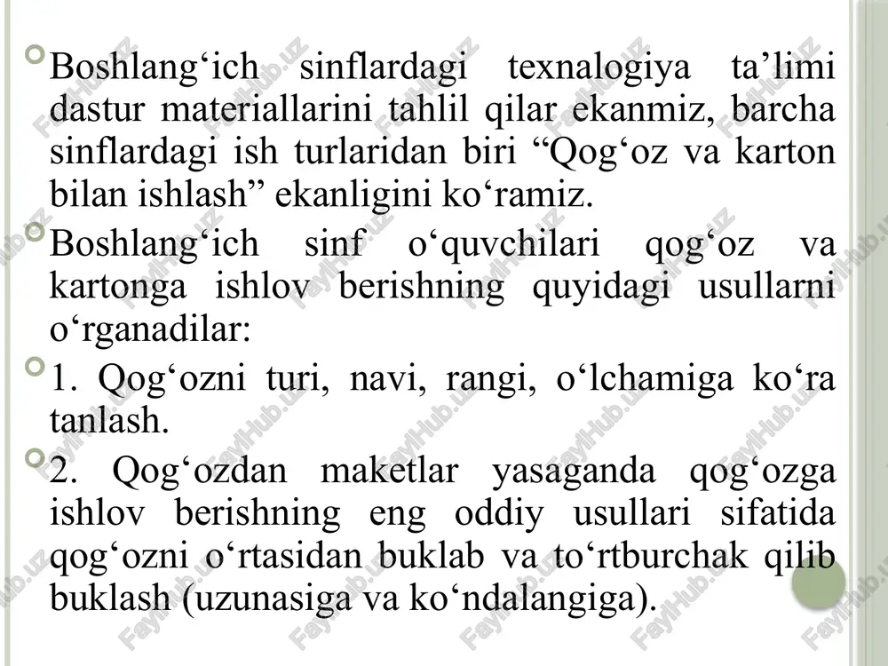 mehnati darslarida ishlatiladigan turlariga jalb qilib borishi lozim. e’tiboringiz uchun rahmat image2.jpeg image3.jpeg image4.jpeg image5.jpeg image6.jpeg image7.jpeg image8.jpeg image9.jpeg image10.jpeg tand-madg by lhodygina natalya yradosty.rd || /docprops/thumbnail.jpeg ‘mavzu: qog’ozva karton bilanishlash darslarini tashkil etish metodikasi reja. 1, qog’orvaharton hagida ma"lamot. 2. qog"oming shlab chigarishdagi o'rai, ye’ozva hartonga ishlov berish