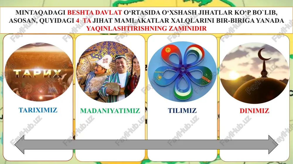 ublika turkman madaniyat markazi faoliyat olib borayotir o‘zbekistonning turli viloyatlarida turkman millatiga mansub qariyb 170 ming aholi yashab, 70 ta maktabda turkman tili o‘qitilmoqda 2017-yil shavkat mirziyoyev turkmaniston prezidenti taklifi bilan ikki marta (mart, may) turkmanistonga tashrif buyurdi 2017-yil mart oyidagi muzokaralar yakunida prezidentlar o‘zbekiston bilan turkmaniston o‘rtasida strategik sheriklik to‘g‘risidagi shartnomani imzoladilar. ikki mamlakat vazirlik va idoralari o‘rtasida quyidagi sohalarga oid hujjatlar imzolandi iqtisodiyot kimyo sanoati qishloq xo‘jaligi temir yo‘l transporti madaniy-gumanitar 1-savol: prezidentimiz shavkat mirziyoyev birinchi marotaba qaysi davlatga 2017-yilda taklifi bilan ikki marta (mart, may) tashrif buyurgan edi? a) tojikistonga. b) qozog`istonga. c) turkmanistonga. d) qirg`izistonga. c) turkmanistonga. 2-savol: yurtimizda nechanchi yilda tashkil etilgan respublika turkman madaniyat markazi faoliyat olib borayotir? a) 1999-yilda c) 2000-yilda b) 2001-yilda d) 2002-yilda b) 2001-yilda 2-rejasi asosida bilimlarni mustahkamlaymiz! 3-savol: o‘zbekiston va turkmaniston respublikalari qaysi transchegaraviy daryodan foydalanishda bir qator bitim va shartnomalar imzolagan? a) amudaryodan b) sirdaryodan c) zarafshon daryosidan …