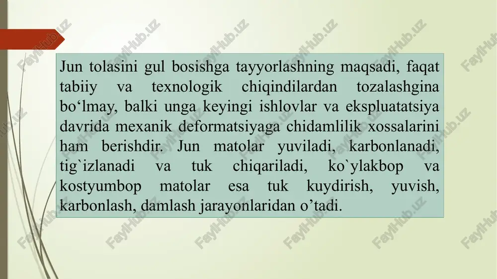 n tolasi qurilmasida uni gul bosishga tayyorlash jarayonlarida qator fizik va kimyoviy o’zgarishlar sodir bo’ladi. yuvishda ishlatiladigan natriy karbonat va sovun gidrolizi natijasida hosil bo‟ladigan natriy ishqori ta'sirida tolaning bo’kishi, yo’ldosh moddalarni yuvish suvlariga o‟tish bilan bir qatorda jun keratini makromolekulalari orasidagi ionli bog`lanishlar bilan bir qatorda qisman -s-s- sistin bog`lanishlar ham parchalanishi mumkin. jun tolasi kislotalar ta'siriga chidamli bo‟lgani sababli, karbonlash sharoitida (70% h2so4, 110-1150c, 5 daq) unda sezilarli salbiy ta'siri molekulalararo ionli bog`lanishlarni uzilishi bilan boshlanib, so‟ng keratin makromolekulasidagi peptid bog`lanishlarni gidrolizi bilan yakunlanadi. shu sababli karbonlash jarayonidan so‟ng jun tolasi kislotadan to‟liq tozalanishi lozim bo‟ladi. ipak tolalariga ishlov berish butun dunyoda 50 ming t. xom ipak ishlab chiqariladi, shuning 70%i xitoy va yaponiyada, 30% esa qolgan mamlakatlarda (koreya, hindiston, braziliya, o’zbekiston va boshqalarda) tayyorlanadi. gul bosilgan va bo’yalgan ipak matolarga talab katta, sababi ularning tashqi ko’rinishi chiroyli, gigienik va ekspluatatsion xossalari yuqoridir. qaynatish jarayonini takomillashtirishni shunday sharoitlar …