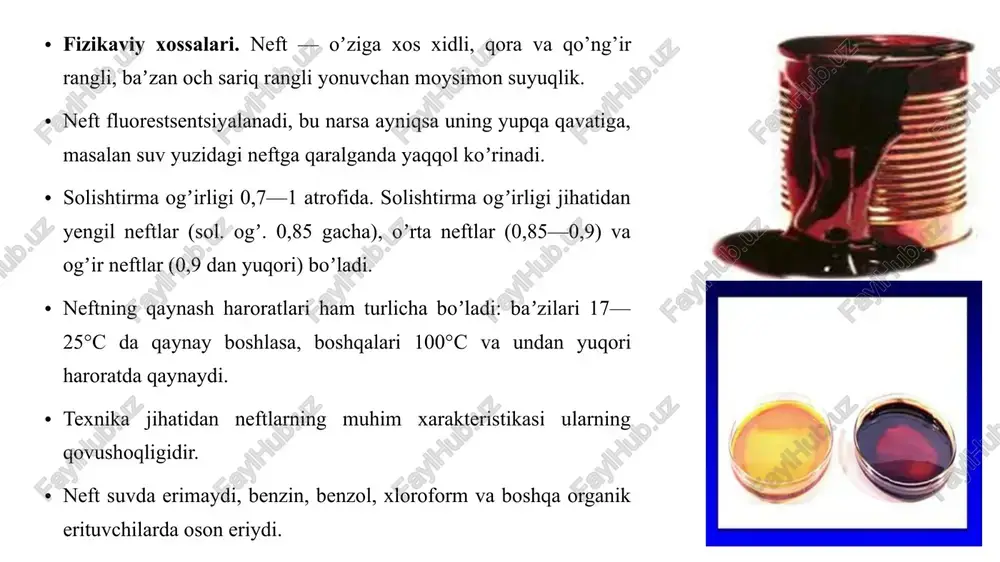 sidir. barcha fraksiyalar ajratib olingandan keyin, odatda, qoramtir kovushoq qattiq modda qoladi, bu modda neft bitumi deyiladi. bitumni oksidlab, yo’llarga yotqizish uchun ishlatiladigan asfalt tayorlanadi. neftni qazib olish usullari 3 xil boladi: ‘’fantaniy’’ usul unda neft plastik energya orqali yertubidan kotarib olinadi , “ gazaliftlik” usul yani skvajinlar orqali havoni haydash bilan turbalarda tortib olinadi “nasoslik” usuli orqali. neftni tarkibiy qismlardan ajratish sxemasi 3.neftni krekinglash va uning turlari. - neftdan olinadigan benzin miqdorini (unumini) oshirish uchun unga maxsus ishlov beriladi, ya’ni u krekinglanadi. natijada kerosin va gazoyl fraksiyalari uglevodorodlarining uzun zanjiri uzilib, qisqa, «benzin» bo’laklari hosil bo’ladi. shunday usulda tabiiy neftning yarmidan ko’prog’ini benzinga aylantirishga muvaffaq bo’linmoqda. suyuq neft mahsulotlarni krekinglash—neftni qayta ishlab aviatsiya yoqilg’isi va boshqa tur yoqilg’ilar olishning hozirgi paytdagi asosiy yo’nalishidir. -krekinglash prosessining mohiyati neft mahsulotlarini 450—650°c gacha qizdirishdan iborat bo’lib, natijada xom ashyodagi yuqori molekulyar uglevodorodlar parchalanadi, bunda hosil bo’ladigan molekulalar qoldiqlarining bir qismi esa o’zaro …