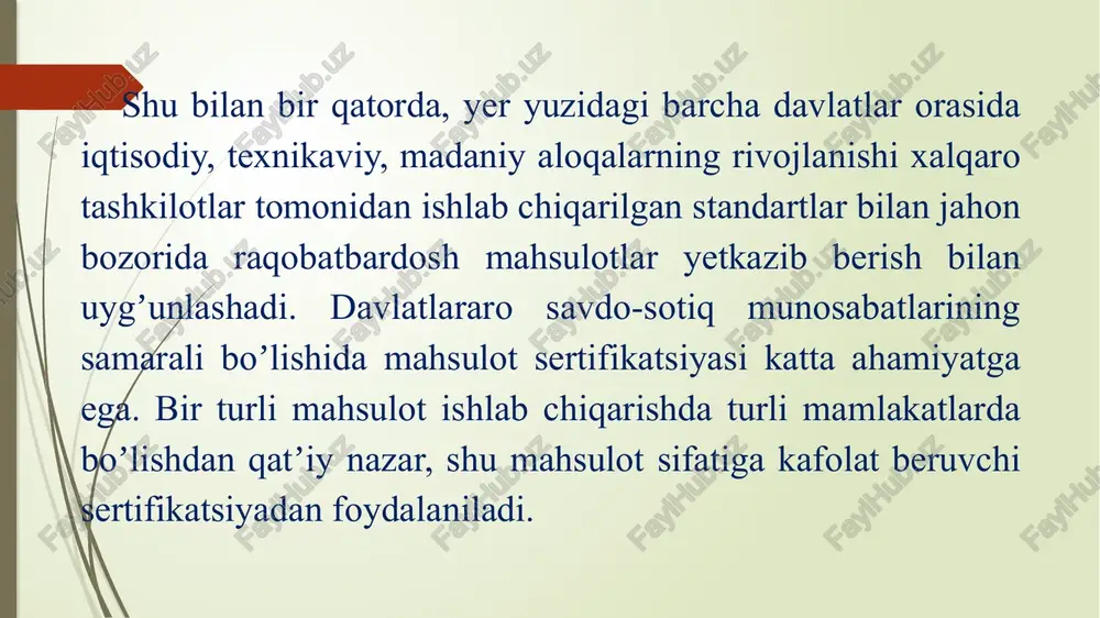 rining barqarorligini nazorat qilish; - sertifikatsiya natijalarining axboroti; - daʼvolarni koʼrib chiqish. muvofiqlik belgisi mahsulotning tovar belgisi yoniga qoʼyiladi. sertifikatsiyalashtirilgan mahsulotning sifat koʼrsatkichlarini (sertifikatsiyalashtirish xususiyatlarini) barqarorligini tekshiruv nazorati shu mahsulotni ishlab chiqarish jarayonida sertifikat bergan tashkilot tomonidan maxsus reja asosida amalga oshiriladi. kerak boʼlgan hollarda bataraf mutaxassislarni-savdo jamoalaridan, sogʼliqni saqlash, davlat qurilish kabi boshqa tashkilotlar mutaxassislari tekshiruv nazoratiga jalb qilinadilar. tekshiruv nazorati natijalariga koʼra, sertifikatsiyalashtirish tashkiloti quyidagi hollarda muvofiqlik sertifikati yoki muvofiqlik belgisi faoliyatini bekor qilish va toʼxtatib qoʼyishi mumkin: - meʼyoriy texnik hujjatlardagi talablari oʼzgarsa; - mahsulotning tarkibi, tuzilishi oʼzgarsa; - tashkilot yoki ishlab chiqarish texnologiyasi oʼzgarsa; - sifatni taʼminlovchi tizim, texnologiya, sinash uslublari oʼzgarsa. tekshiruv nazorati tomonidan aniqlangan kamchilik, yetishmovchiliklarni bartaraf qilgunga qadar tadbirlar tuzilib, muvofiqlik sertifikati yoki muvofiqlik belgisi toʼxtatilib turadi. shu muddatda ahvol oʼzgarmasa, muvofiqlik sertifikati bekor qilinadi. sertifikat berish yoki muvofiqlik belgisini qoʼyish quyidagi hollarda bekor qilinadi: - mahsulot aniqlangan kamchliklarni bartaraf qilib boʼlmasa; - …