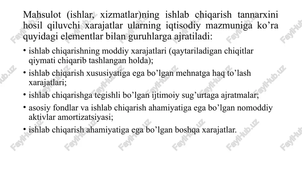 i (har yilgi) va qo’shimcha ta’tillar, navbatdagi (har yilgi) foydalanilmagan va qo’shimcha ta’tillar uchun kompensatsiyalar, o’smirlarning imtiyozli soatlari, bolani ovqatlantirish uchun onalar ishidagi tanaffuslar, shuningdek, tibbiy ko’riklardan o’tish bilan bog’liq vaqt uchun haq to’lash; - majburiy ta’tilda bo’lgan xodimlarga, asosiy ish haqini qisman saqlab qolgan holda, haq to’lash; -donor xodimlarga qonni tekshirish, topshirish kunlari uchun va qon topshirilgan har bir kundan keyin beriladigan dam olish kunlari uchun haq to’lash; - davlat vazifalarini bajarganlik uchun (harbiy yig’inlar, favqulodda vaziyatlar bo’yicha yig’inlar va boshqalar) mehnat haqi to’lash; ishlab chiqarish xarajatlarini rejalashtirish xarajatlarni iqtisodiy-ijtimoiy elementlar bo’yicha guruhlash quyidagi tartibda amalga oshiriladi: 1. xom ashyo va yordamchi materiallar; 2. yoqilg’i va elektroenergiya xarajatlari; 3. asosiy va qo’shimcha ish haqi; 4. ijtimoiy sug’urta ajratmalari; 5. amortizatsiya ajratmalari; 6. boshqa xarajatlar. xarajatlarni kalkulyatsiya moddalari bo’yicha guruhlashda quyidagi moddalar shakllanantiriladi: - xom ashyo; - yordamchi materiallar; -texnologik maqsadlar uchun yoqilg’i sarfi; - asosiy va yordamchi ish haqi; …