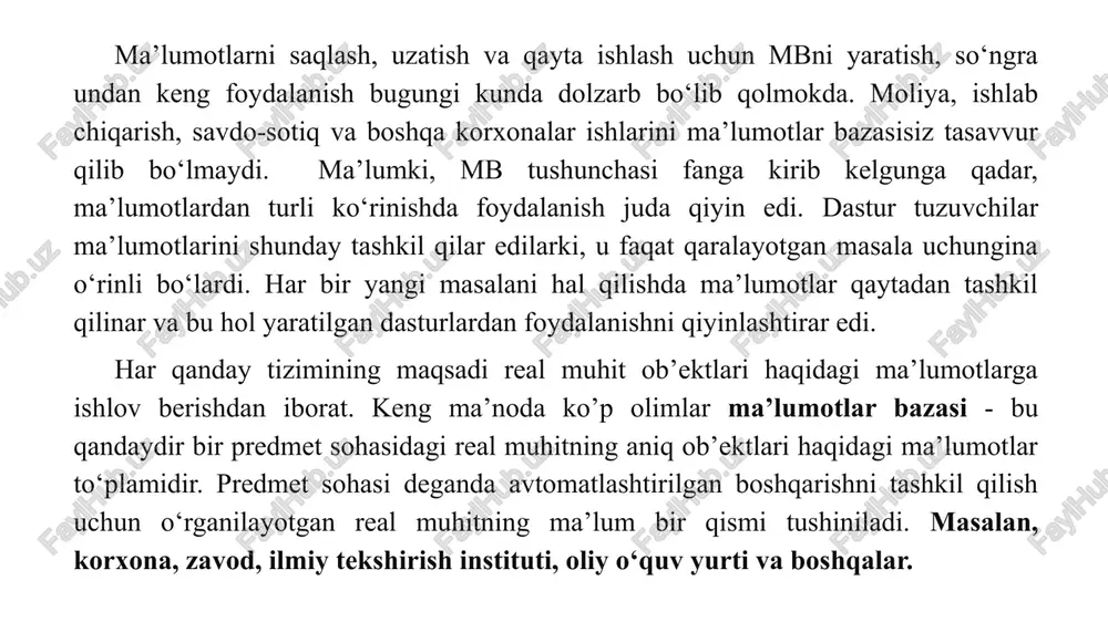 uritiladi. aniqrok qilib aytganda, ma’lumotlar bazasini boshqarish tizimi (mbbt) – bu ko’plab foydalanuvchilar tomonidan mbni yaratish, unga qo’shimcha ma'lumotlarni kiritish va mbni birgalikda ishlatish uchun zarur bo’lgan dasturlar majmuidir. mbbtning tarkibidagi asosiy komponenti – bu ma'lumotlar bo’lsa, boshqa komponenti –foydalanuvchilar, hardware –texnik va software –dasturiy ta'minoti hisoblanadi. hardware tashqi qo’shimchasi xotiradan (disk, magnit lentasi) iborat bo’lsa, dastur qismi esa mb bilan foydalanuvchi urtasidagi mulokotni tashkil qilishni amalga oshiradi. mbning tuzilishi o’rganilayotgan ob'yektning ma'lumotlari ko’rinishi, ma'nosi, tuzilishi va xajmiga bog’lik bo’ladi. ma’lumotlar bazasini boshqarish tizimlari (mbbt) quyidagicha tavsiflanadi: ispolnimost –bajarilishlik, foydalanuvchi so’roviga hozirchavobgarlik bilan mulokotga kirishish minimalnaya povtorimost –minimal takrorlanishlik mbdagi ma'lumot iloji boricha kam takrorlanishi lozim, aks holda ma'lumotlarni izlash susayadi. selostnost -yaxlitlik , axborotni mbda saqlash iloji boricha ma'lumotlar orasidagi bog’liklikni asragan holda bo’lgani, ayni muddao. bezoopasnost–xavfsizlik mb ruxsat berilmagan kirishdan ishonchli ximoya kilingan bo’lishi lozim. faqat foydalanuvchi va tegishli tashkilotgina ma'lumotlarga kira olish va foydalanish huquqiga egalik qilishi …