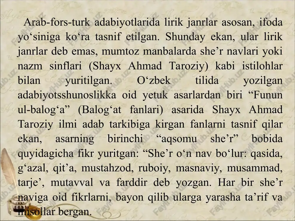 ingan meditativ lirikaning predmeti shoir ko`nglidirki, bunda shoir ko`nglidan kechayotgan oniy kechinmalar, doim ham mantiqiy idrok etish va tushuntirish mushkul tuyg`ular ifodalanadi (shu bois ham hozirda buni "ko`ngil she'riyati" deb atamoqdalar). umuman lirikaga xos bo`lgan lirik meditatsiya (hissiy mushohada, his-tuyg`uga yo`g`rilgan mushohada) meditativ she'riyatning asosini tashkil qiladi. mavjudlikning konkret masalasi — hayot va o`lim, inson taqdiri yoki fe'l-atvori, jamiyat va h. masalalar haqidagi shoirning mushohadasi asosiga qurilgan she'rlar intellektual lirika namunasi sanaladi. intellektual lirikada birmuncha sokinlik, aytish mumkinki, birmuncha "sovuqqonlik" kuzatiladiki, bu unda aqlning hisdan ustunligi bilan izohlanishi mumkin. masalan, a.oripovning "umr o`tib borar misoli ertak...", "ona sayyora", "nisbiylik" kabi qator she'rlari ijroviy lirikada shoir o`zga shaxs ruhiyatiga kirib, o`zganing tilidan mushohada yuritadi, natijada o`sha o`zga shaxs she'rning lirik qahramoniga aylanadi. bu haqda yuqoridagilarga shuni qo`shimcha qilish joizki, xx asrning 60-yillaridan boshlab, ayniqsa, 70—80-yillar she'riyatida tarixiy shaxslar tilidan yozilgan ijroviy she'rlarning ko`payishi kuzatiladi. bu narsa, bir tarafdan, milliy o`zlikni anglashga …