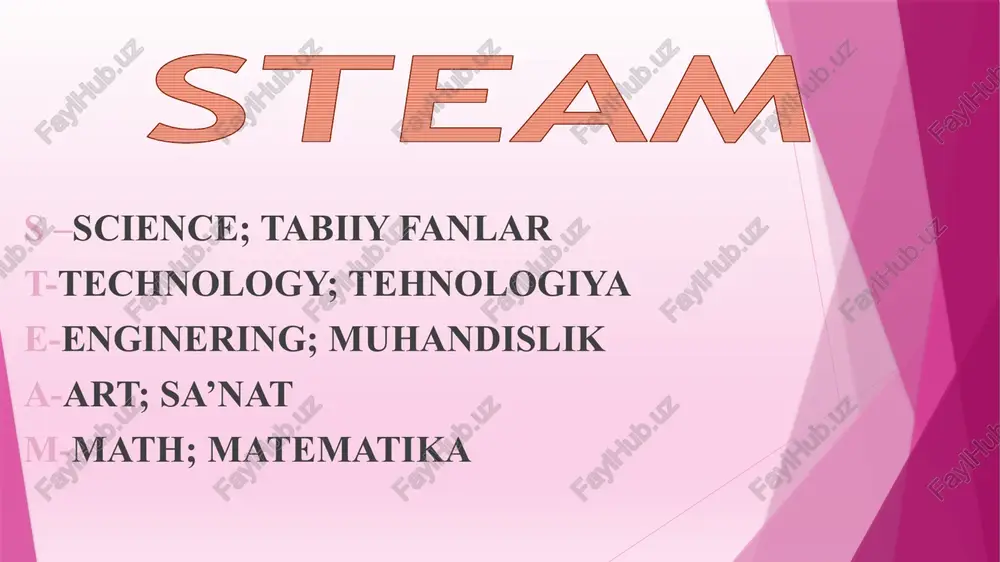 ilishi mumkin bo’lgan bilimgina haqiqatan ham qadrlidir. steam ta’limi bolalarning quyidagi muhim hususiyatlarini rivojlantirishga yordam beradi: -muommolarni keng qamrovli tushinish -ijodiy fikrlash -muhandislik yondashuv -tanqidiy fikrlash -ilmiy metodlarni tushinish va qo’llay olish -dizayn asoslarini tushunish steam yondashuvining eng mashhur namunasi — massachusets texnologiya instituti. ushbu dunyo universitetining shiori «mens et manus» (aql va qo’l). massachusets texnologiya instituti bolalarga steam tushunchasini oldindan o’rganish va tanishish imkoniyatini berish uchun steam kurslarini ishlab chiqdi va hattoki ba’zi ta’lim muassasalarida steam o’quv markazlarini yaratdi. statistikaga ko’ra, 2011 yildan buyon steam-kasblarga bo’lgan talab darajasi 17% ga oshdi, oddiy kasblarga bo’lgan talab esa faqat 9,8% ga oshdi, bu esa butun dunyo bo’ylab ushbu ta’lim tizimiga katta talabni ko’rsatadi. lekin bunday yuqori talab nima bilan bog’liq? ko’pgina mamlakatlarda steam-ta’lim ba’zi sabablarga ko’ra ustuvor ahamiyatga ega: yaqin kelajakda dunyoda va shuning uchun o’zbekistonda muhandislar, yuqori texnologiyali ishlab chiqarish mutaxassislariga talab juda yuqori bo’ladi. uzoq kelajakda biz tabiiy fanlar …