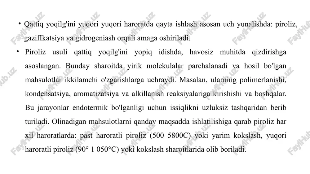 ari qabi smolani haydash yoki uni destruksiyalash orqali olinadi. kokslashda hosil bo'ladigan kimyoviy mahsulotlarni ushlab qolish kokslash. toshko'mirni kokslash hom ashyoni kompleks foydalanishga yaqqol misol bo'la oladi. dunyoda qazib olinadigan toshko'rnirning 40 % ga yaqini, slaneslar va boshka ko'pgina yoqilg’i turlari, koks va koks gazlari (tarqibida ko'p xil moddalar saqlovclli bug-gaz aralashmasi) olish uchun kokslanadi. sovutilgan koks gazlaridan kondensatlash va absorbsiyalash yo'li bilan yengil aromatik uglevodorodlar (xom benzol), toshko'mir smolasi (kondensatlangan aromatik va geterokislik birikmalar aralashmasi), naftalin, ammmiak, fenollar va boshqalar olinadi. kondensatlanmagan gaz kaytgan koks gazlari deyilib, undan vodorod, etilen, metan olish yoki yoqilg'i sifatida ishlatish mumkin. kokslashdan 250 dan ortiq mahsulotlar ajratib olinadi. kokslash uchun qizdirilganda bir-biriga yopishib mustahkarn govak metailurgiya koksi hosil qilinadigan ko'mirdan foydalaniladi. odatda sanoatda hom ashyo bazasini kengaytirish maqsadida, kokslanadigan ko'mir va ko'mirning boshqa turlaridan aralashtirgan holda kokslash shixtasi tayyorlanadi. koks. kokslashning eng asosiy mahsuloti hisoblanadi. koksnin.g asosiy iste'molchilari bu qora va rqngli metallurgiyadir …