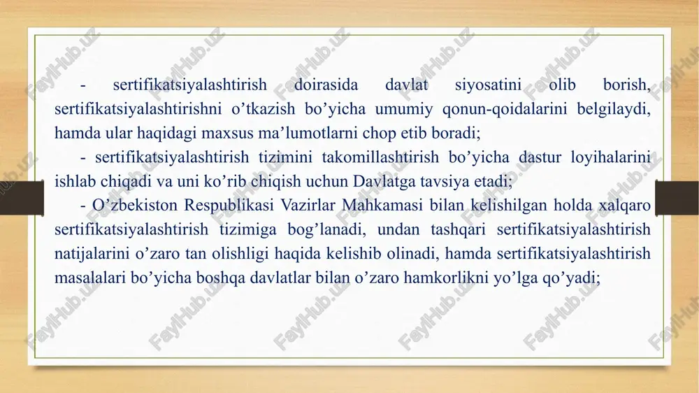 shgan mahsulotni qaytadan baholash, sifatni boshqarish tizimi yoki ishlab chiqarish, sertifikatsiyalashtirish boʼyicha idoraning faoliyati, belgilangan shartlarga bogʼliqligini tasdiqlash maqsadidagi sertifikatsiyalashtirish va akkreditlashtirishda belgilangan sinov laboratoriyasi. sertifikatsiyalashtirishning asosiy maqsadi va vazifalari quyidagilardan iborat: -mahsulotni tarqatish, insonlarning hayotiga xavf soluvchi favqulodda boʼladigan hodisalarni oldini olish chora tadbirlarini, yuridik va jismoniy shaxs buyumlari, atrof-muhit taʼsirlarini nazorat qilib borish; -mahsulot sifatini yaxshilash va uning jahon bozorlarida raqobatbardoshligini oshirish; -xalqaro iqtisodiy, ilmiy-texnik va xalqaro savdoda tadbirkorlarni qoʼshma korxonalarda ishtirok etishi uchun sharoit yaratib berish; -mahsulot ishlab chiqaruvchilarning vijdonsizligini isteʼmolchilardan himoyalash; -ishlab chiqaruvchilarning mahsulot sifat koʼrsatkichlarini tasdiqlashdan iborat. milliy muvofiqlik sertifikatlari va muvofiqlik belgilari yoki boshqa davlatlarning oʼzbekiston standartlashtirish agentligi tomonidan eʼtirof etilgan muvofiqlik sertifikatlari va muvofiqlik belgilari arizachi (mahsulot yetkazib beruvchi) tomonidan bojxona nazorati idoralariga yukka taalluqli bojxona deklaratsiyasi bilan birgalikda taqdim etiladi va ular mahsulotni respublika xududiga olib kirishga ruxsatnoma olish uchun zarur hujjatlar hisoblanadi. chetdan olib kelinayotgan mahsulotning xavfsiz ekanligini tasdiqlovchi hujjati boʼlmagan …