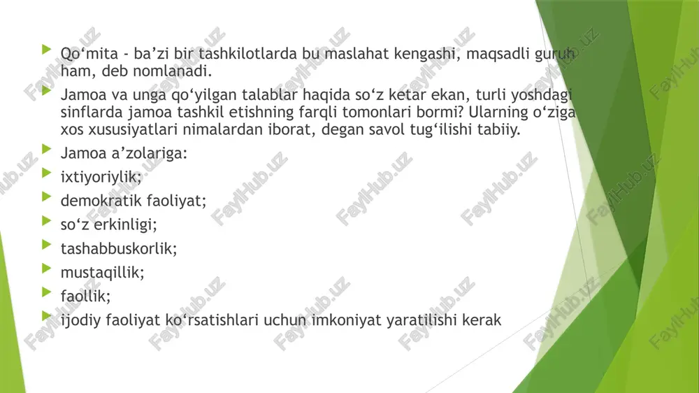 bolalami mehnatsevarlik, tejamkorlik va tartib-intizomga o‘rgatadi sinfdagi faollami aniqlash. sinf rahbari dastlabki kunlarda-noq o‘quvchilami jamoat topshiriqlari orqali kuzatib boradi. ular ichidan faol bolalami tanlab oladi. shunday ongli, tashabbuskor, tashkilotchi, a’lochi o‘quvchilardan sinf faollarini saylaydi. jamoat ishini faqat faollar zimmasiga emas, balki barcha o‘quvchilar orasida taqsimlash maqsadga muvofiqdir. o‘quvchilami istiqbolga chorlash. istiqbol - bu yorqin, qiziqarli va quvonchli voqealar manzilidir. sinfda yorqin va jozibador istiqbollaming bo‘lmasligi, bu jamoada bir xillik va zerikarli holat- lami keltirib chiqaradi. 3. o‘quvchilar jamoasining shakllanish bosqichlari. jamoaning vujudga kelish uchun to‘rt bosqich zarur. jamoaning shakllanish bosqichlarida dastlab o‘qituvchi butun guruhga talab qo‘yadi hamda mazkur jarayonda jamoa faollarining shakllanishiga alohida e’tibor qaratadi. navbatdagi bosqichda muayyan darajada shakllangan jamoa faollari (aktivi) jamoa a’zolari oldiga ma’lum talablarni qo‘yadi. uchinchi bosqichda esa jamoa umumiy holda jamoaning har a’zosidan muayyan tarzdagi faoliyatni olib borishni talab qiladi. so‘nggi (to‘rtinchi) bosqichda esa jamoaning har bir a’zosi o‘z oldiga mustaqil ravishda jamoa manfaatlarini ifoda …