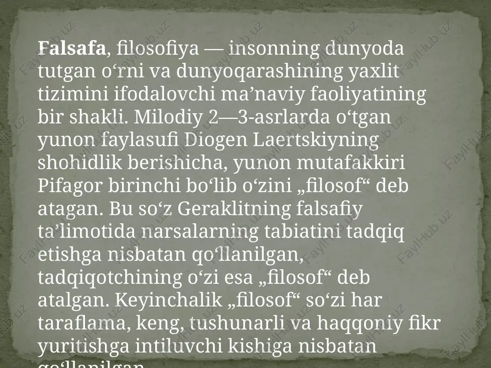 salarini qoʻshishgan. ayniqsa, sokrat, platon, aristotel f.si yunon f.sining shuhratini oshiradi. yunon f.sidagi asosiy qarashlar aleksandr makedonskiy (iskandar makduniy)ning sharqqa istilochilik yurishlari davrida markaziy osiyoga ham kirib keldi. oʻzbekiston mustaqillikka erishgach, f. fani oldida uni kommunistik mafkura asoratlaridan tozalash, jamiyat taraqqiyotining qonuniyatlarini falsafiy tahlil etish, milliy istiklol gʻoyasining ilmiynazariy asoslarini ishlab chiqish, respublikada shakllanayotgan huquqiy, demokratik davlat va fuqarolik jamiyatining rivojlanish xususiyatlarini ochib berish kabi vazifalar paydo boʻldi. oʻzbekiston prezidenti i. a. karimov 1998-yilda „tafakkur“ jurnali bosh muharririning savollariga bergan javobda yangi jamiyatni bunyod qilishda milliy mafkura va u tayanadigan milliy f.ning roliga katta baho berar ekan, gʻoyaga qarshi faqat gʻoya, fikrga qarshi faqat fikr, jaholatga qarshi faqat maʼrifat bilan bahsga kirishish kerakligini taʼkidladi. hozirgi davrda respublika faylasuflari oldida ijtimoiy voqelikning qonuniyatlarini tadqiq etish, mamlakatning istiqboli uchun xizmat qiluvchi gʻoyaviy zaminni yaratishdek muhim vazifalar turibdi. etiboringiz uchun kattakon raxmat image3.jpeg image4.jpeg image5.jpeg image6.jpeg image7.jpeg image8.jpeg image9.jpeg the bhakti saints ae …