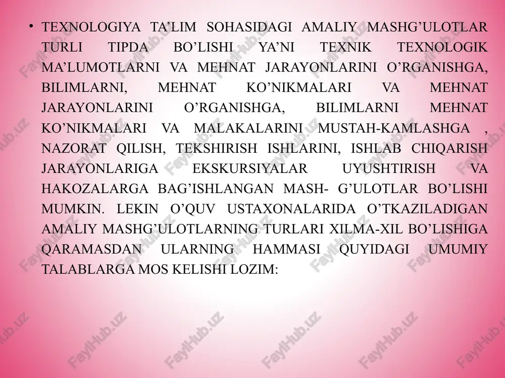 ijodiy yondashish, tabiatga ehtiyotkorlik bilan munosabatda bo’lish, mehnat madaniyatini tarbiyalash, ularga ayrim kasblar haqida tushunchalar berib boriladi. boshlang’ich sinflarni qo’l mehnatiga o’rgatish quyidagi ish turlariga bo’linadi. 1. qog’oz va karton bilan ishlash. 2. turli tabiiy materiallar bilan ishlash: a) applikatsiya va mozaika ishlari. b) loy va plastilin bilan ishlash. v) tabiiy materiallar bilan ishlash 3. gazlama bilan ishlash. 4. texnik modellash ishlari. 5. qishloq xo’jalik mehnati. dars boshida o’qituvchi biror mavzu bo’yicha suhbat olib borar ekan, bu buyum qanday maqsadlarda, ya’ni qaerda ishlatilishini tushuntiradi, so’ngra o’quvchilar tayyorlanayotgan har bir buyumni amalda qo’laydilar. buyumni tayyorlash usullarini o’qituvchi sinf doskasiga osib qo’yilgan yo’llanma xaritasidan yoki texnik vositalardan foydalanib ko’rsatadi. shundan so’ng u ishni bajarish tartibi va usullariga tegishli savollarni berib, materialni takrorlaydi va buyumni o’quvchilar bilan birgalikda tayyorlashga o’tadi. yuqoridagilar kelib chiqib, mehnat ta’limidan amaliy ishlar tuzilishi quyidagi tartibda olib boriladi. 1. o’quvchilar oldiga mehnat topshirig’ining maqsadi va mavzusini qo’yish: a) darslarda …