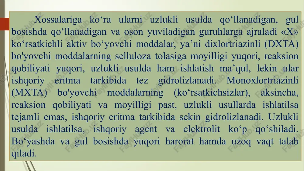 a eruvchanlikni musbat zaryadlangan to’rtlamchi azot beradi: ry—n*(rs) x ory—n"(r)3 + x” faol bo’yovchi moddalar molekulasi xromofor sistema, suvda eruvchanlik beruvchi guruh va faol gruppirovkadan tashkil topadi. umumiy ko’rinishda faol bo’yovchi moddalarni quyidagicha ifodalasa bo’ ladi: s - ry - t- x, bu yerda: s - suvda eruvchanlik beruvchi guruh (sulfo-, karboksil- va sulfoefir); ry - bo’yovchining xromofor sistemasi asosan monoazo-, qisman disazo-, antraxinon va ftalotsiandan tashkil topadi. t-x_ - faol gruppirovka - faol guruh (x) va uni tashuvchisi (t) dan iborat. faol guruh sifatida -galogenlar, asosan xlor, kamroq brom; to’yinmagan vinil guruh -ch=ch) uchraydi. faol guruh turiga qarab bo’yovchi modda tola bilan o’rin olish yoki birikish reaksiyasiga kirishadi. faol guruhni tashuvchilari turli tuman bo’ladi. ularning ko’proq uchraydiganlari triazin, pirimidin, xinoksalin, sulfamid, akrilamid va boshgalardir. faol bo’yovchi moddalarning kamchiligi: suvda gidrolizlanib, yuvib chigarilishi qiyin bo’lgan rangli nofaol bo’ yovchilarga aylanadi: x-t-r,-so;na+h,o >ho-t-r,-so;na hhx dispers bo’yovchi moddalar suvda qisman eriydi, ularning …