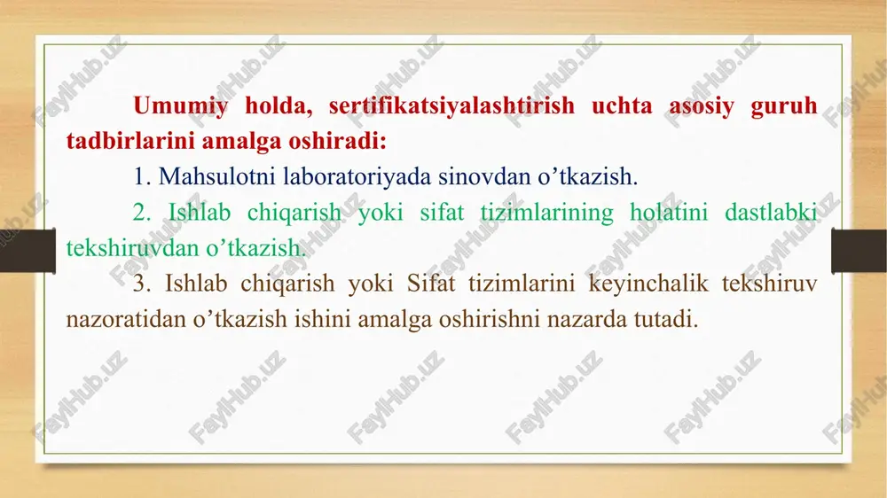 ash. koʼrib chiqilgan sertifikatsiyalashtirish sxemalaridan eng aniq, koʼp mablagʼ talab qiladigan, aniq sxemalardan iborat (5-sxema). bu sxemaga muvofiq chiqarilayotgan mahsulot koʼrsatkichlari, ishlab chiqarish qoidalariga rioya qilinishi puxta va toʼla nazorat qilinadi, samaradorligi baholanadi. sxemaning asosiy ustivorligi korxonaning tegishli meʼyoriy hujjatlarida belgilangan sifat koʼrsatkichlarini taʼminlaydigan mahsulot ishlab chiqarishga qodir ekanligini, sifat tizimini muvaffaqiyatli qoʼllanilishi mumkinligini aniqlashdan iborat. turli sertifikatsiyalash sxema va modellarini ayrim hollarda ularning kombinatsiyalashtirilgan variantlari qoʼllani¬lishi mumkin. tanlangan sxema varianti asosan buyurtmachining talablarini qondiradigan va sertifikatsiyalashtirish tashkiloti talablariga muvofiq boʼlishi kerak. tanlangan sertifikatsiyalashtirish sxemasiga muvofiq sinov natijalari bayonnomalari mahsulotga muvofiqlik sertifikati tamgʼasini qoʼyish, litsenziya berish huquqini berishga asos boʼladi. har bir sertifikatsiyalashtirish tizimini va uni tashkiliy ishlarini hal qiluvchi, ishlashini taʼminlovchi va rahbarlik qiluvchi tashkilot amalga oshiradi. sertifikatsiyalashtirish tashkilotilari: - ishlab chiqarish uyushmalari; - asosiy isteʼmolchi yoki isteʼmolchilar guruhi; - yirik savdo tashkilotlari - standartlashtirish boʼyicha milliy tashkilot; - xususiy tashkilotlar (kompaniyalar); - korxona yoki maxsus sinash laboratoriyalari. sinov …