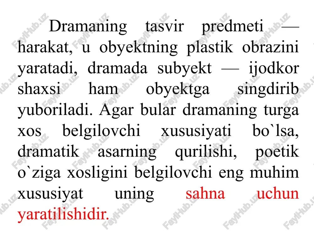r problematikasi nuqtayi nazaridan turlicha: bu janrga mansub asarlarda ma'naviy-axloqiy ("shoh edip", "qirol lir"), millatning tarixiy taqdiri ("jaloliddin munguberdi") yoki romaniy problematika ("mirzo ulug`bek") badiiy talqin qilinishi mumkin. realizm bosqichiga yaqinlashgan sari dramaturgiyada tragediya o`rnini, yetakchilik mavqeini drama egallay boshlaydi. drama o`zining mavzu jihatidan turfaligi, turfa hayotiy ziddiyatlarni badiiy talqin qilish imkoniyatlarining kengligi bilan xarakterlanadi. dramaning tragediyadan farqi shundaki, tragik konflikt qahramon ruhiyatida kechsa, dramatik konflikt qahramon bilan tashqi kuchlar orasida kechadi. ayni paytda, dramadagi konflikt ham juda keskin bo`lishi, qahramonni iztirob-u qiynoqlarga solishi va oxir-oqibat halokatga olib borishi mumkin. komediya (gr. "komos" — ommaviy qo`shiq nomi) dramatik turning komiklikka asoslangan janridir. komediyaning markazida komik xarakter turadi. odatda komik xarakter deganda o`zida idealga tamoman zid illatlarni jam etuvchi yoki ulardan ayrimlarini namoyon etuvchi personajlar nazarga olinadi. bu o`rinda asosiy shartlardan biri shuki, komik personaj o`zining mavjud holatini idrok etmaydi, o`ziga real baho berishdan ojiz. aksincha, u o`zini bor holiga nisbatan …