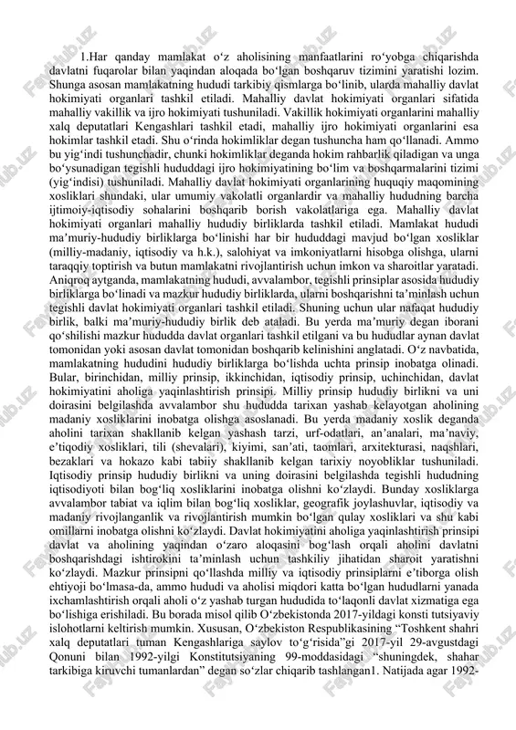 qali aholi oʻz yashab turgan hududida toʻlaqonli davlat xizmatiga ega boʻlishiga erishiladi. bu borada misol qilib oʻzbekistonda 2017-yildagi konsti tutsiyaviy islohotlarni keltirish mumkin. xususan, oʻzbekiston respublikasining “toshkent shahri xalq deputatlari tuman kengashlariga saylov toʻgʻrisida”gi 2017-yil 29-avgustdagi qonuni bilan 1992-yilgi konstitutsiyaning 99-moddasidagi “shuningdek, shahar tarkibiga kiruvchi tumanlardan” degan soʻzlar chiqarib tashlangan1. natijada agar 1992-yilgi konstitutsiyaning 99-moddasida “viloyatlar, tumanlar va shaharlarda (tumanga boʻysunadigan shaharlardan, shuningdek, shahar tarkibiga kiruvchi tumanlardan tashqari) xalq deputatlari kengashlari hokimiyatning vakillik organlari” deyilgan boʻlsa unda endilikda 2023-yildagi yangi tahrirdagi konstitutsiyaning 120-moddasida “(tumanga boʻysunadigan shaharlardan tashqari)” degan tahrir qoʻllanmoqda. bu bilan shahar tarkibiga kiruvchi tumanlarda ham mahalliy kengashlar tashkil etilishi kerakligi belgilab qoʻyilgan. keltirilgan qonunni qabul qilishining maqsadi sifatida “davlat hokimiyatining demokratik asoslarini, vakillik organlarining ijtimoiy-iqtisodiy, ijtimoiy-siyosiy oʻzgarishlarni amalga oshirishdagi roli va ahamiyatini yanada mustahkamlash” gʻoyasi keltirilgan. bu degani endilikda toshkent shahri kabi barcha shaharlar tarkibidagi tumanlarda ham xalq deputatlari mahalliy kengashlar tashkil etiladi. ilgari toshkent shahrining tumanlarida mahalliy …