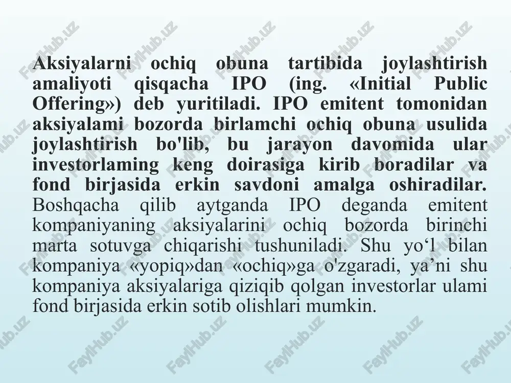 utaxasaislar moliyaviy analitiklar. korxona biznesini baholash txj‘viclia ekspertlar yuqori malakali auditorlar maxsus ixtisoslashgan yuristlar 2. jamoaning ish maqasadi investitsiyalash obyektining haqiqiy qiymatini aniqlash, xaridorga uning kelgusidagi foydalanishi yuzasidan turli xil variantlar bo’yicha korxona qiymati dipazonini belgilash. korporativ moliyaviy tekshiruv otkazish, korxona faoliyatini ekspertizadan o'tkazish, foyda va soliq risklarini belgilash kompaniya faoliyatini yuridik va huquqiy ekspertizadan o'tkazish, uni xarid qilish bilan bogliq risklami maksimal darajada aniqlash. * 3. amalga oshiriladigan ishlar xaridoming korxona faoliyatining amaldagi tartibini saqlab qolish yoki navbatdagi biznes birligi sifatida xolding tarkibiga qo‘shib olish nuqtayi nazaridan korxonaning bozor, investitsion va tugalish qtymatlari baholanadi; moliyaviy analitiklar buyurtmachiga qimmatli qog‘ozlami sotib olish to'g'risida qaror qabul qilish uchun bir necha xil standartlar orqali aniqlanadigan narx diapazonini taklif qiladi. korxona tushumlari va xarajatlari tarkibi tahlil qilinadi; ichki nazorat tizimi baholanadi; asosiy vositalar, moliyaviy qoyilmalar, debitorlik va kreditorlik qarzlari, zaxiralar tahlil qilinadi; krcdit shartnomalari va majburiyatiar tahlili, shartli majburiyatlar tahlili amalga oshiriladi; aktivlar …