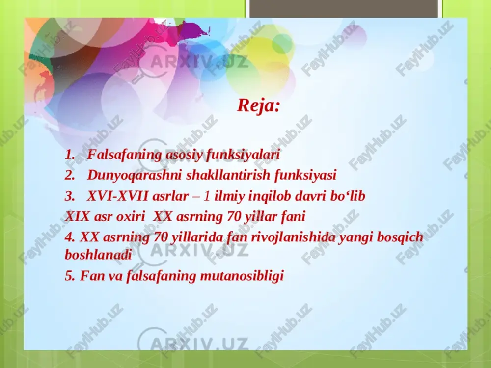 o’zi hayot nima uchun berilgan, dunyoga kelishdan maqsad nima, umrni mazmunli o’tkazishning qanday yo’llari bor, degan talay savollarga javob topish zarurati tufayli vujudga kelgan. falsafiy dunyoqarash o’zining nazariy asoslangani va puhta ishlangani bilan ajralib turadi. shu ma`noda, u boshqa fan yoki faoliyat sohasi uchun umumiy uslub vazifasini ham bajaradi. g‘arbiy yevropa falsafasi rivojining keyingi bosqichlari uyg‘onish davri, yangi va eng yangi zamon degan nomlar bilan atala boshlandi. ba'zida bu bosqichlarning davrlarga bulinishi quyidagi tarzda beriladi: uyg‘onish davri falsafasi, yangi zamon falsafasi, ma'rifatparvarldik falsafasi, mumtoz (nemis) falsafasi, hozirgi zamon falsafasi. sharq falsafasiga nisbatan ham yangi va eng yangi zamon tushunchasini qo‘llash mumkin. biroq u yoki bu bosqichlarning xususiyatlariga asoslangan davrlashtirish ko‘proq mazmunli va mavzuga yaqindan aloqadordir. masalan, xx asrdagi markaziy osiyo mamlakatlari falsafa tarixi haqida gapirganda, biz ma'rifatparvarlik, sho‘rolar va sho‘rolar davridan keyingi bosqichldar haqida so‘z yuritishimiz mumkin. tarixiy-falsafiy jarayonlarning g‘arbda va sharqda davrlarga bo‘lish qoidalari bilan bir qatorda, falsafada g‘arbiy …