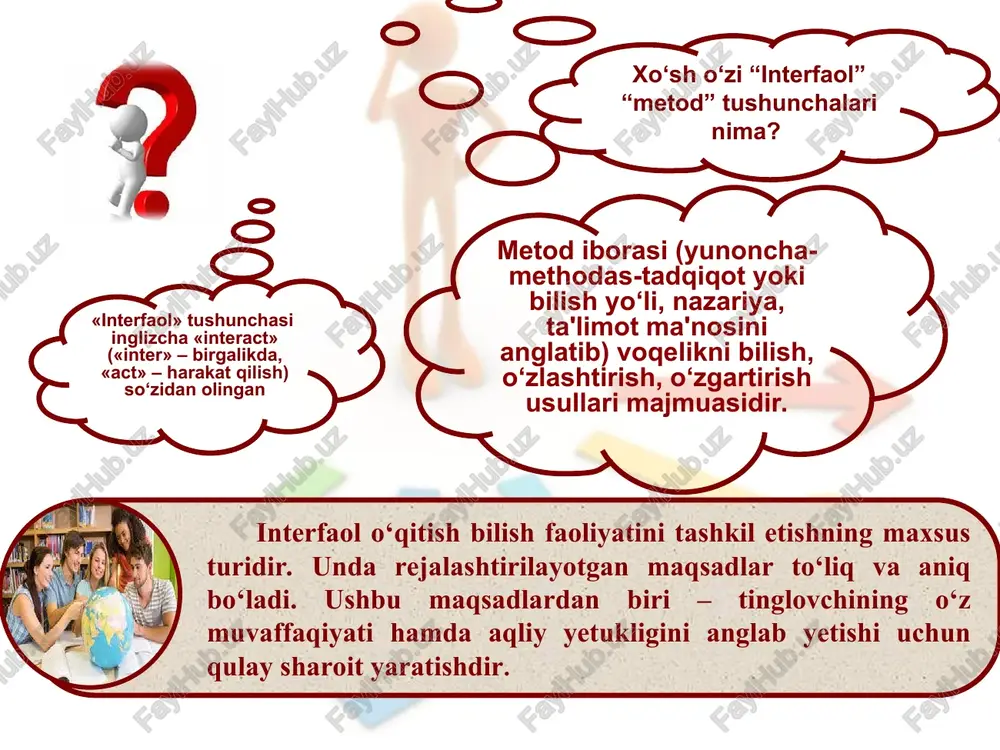 ch qo‘llanilasa maqsadga muvofiqdir. o‘quvchilarni mustaqil fikrlash dars jarayonida egallagan bilimlari asosida vaziyatni baholashga shu bilan birga kommunikativ va milliy va umuminsoniy qadriyatlarga ega bo‘lish kompetensiyalar elementlarini shakllantiradi. o‘quvchilarni darslik, qo‘shimcha manbalarni o‘qishga, bilmaganlarini o‘rganishga harakat qilishlariga yordam beradi. o‘quvchilarni darsga faol qatnashishlarini ta'minlaydi bu metodni qo‘llashda o‘qituvchi avvaldan qaysi mavzu yoki savolni shu metod yordamida o‘rganishni aniqlashi zaruar o‘rganilgan mavzu bo‘yicha savollar va ularning javoblarini, darslikdagi matnni, yangi mavzu bo‘yicha bilish lozim bo‘lgan savollar va ularga javoblarni tayyorlaydi. nimalarni bilishi, yangi mavzu bo‘yicha nimani bilishi zarurligi va dars davomida nimalarni o‘quvchilar bilganini ko‘rsatishi uchun jadval chiziladi. faollshtiruvchi savollar orqali aniqlanadi ehtiyojni aniqlash orqali aniqlanadi mavzuni mustahkamlash orqali kichik gr shakllantiriladi topshiriq 1-gr. topshiriq 2-gr. topshiriq 3- gr. topshiriq 4- gr. topshiriq yo‘naltirish muhokama, tahlil, baholash 1-gr. taqdimot 2- gr. taqdimot 3- gr. taqdimot 4-gr. taqdimot * mashg‘ulot ishtirokchilarining o‘zlarini erkin his etishlariga sharoit yaratib berish. g‘oyalarni yozib berish uchun …