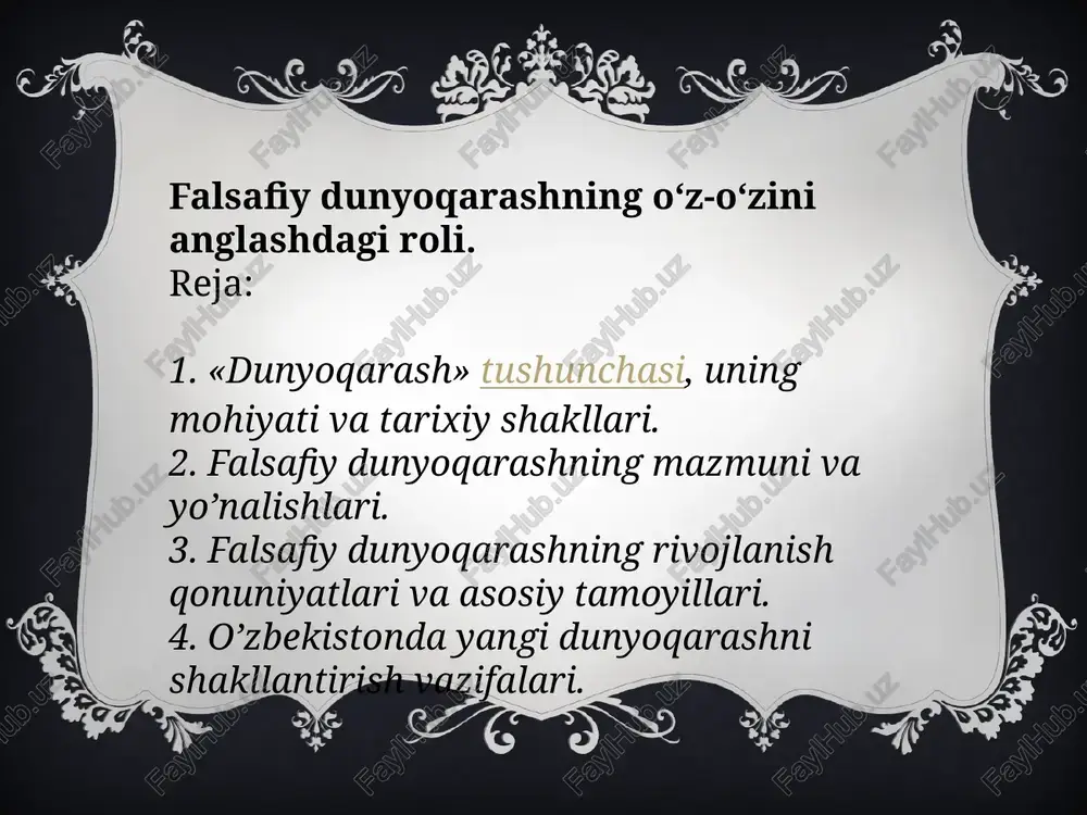 qyea-hodisalarning ichki, tashqi nigohdan yashirin mohiyatini to‘g‘ri xulosa, fikr qilish orqali topishga qaratilgan. qadimgi xitoy faylasuflari o‘z davridayoq yakuniy shakldagi daobilimi (bevosita ma'lum modda dunyosini bilish) va asosiy sabab sifatidagi dao(mohiyatni bilish)ni farqlaganlar. asosiy sabab sifatidagi daoni bilish - yakuniy shakldagi daoni bilish kalitidir etiboringiz uchun kattakon raxmat image3.png image4.jpeg image5.jpeg image6.jpeg image7.jpeg image8.jpeg image9.jpeg image2.png falsafa fanining predmeti, mazmuni va jamiyatdagi roli falsafiy dunyogarash-dunyoni, borliqni agliy jihatdan mantigiy, izchil umumlashtirib tushuntiruvc hi nazariy garashlar tizimidir /docprops/thumbnail.jpeg toshkent tibbiyot jkademivasi termiz filiall guruh ta behruzning falsafa fanidan tayyorlagan mustaqil ishi