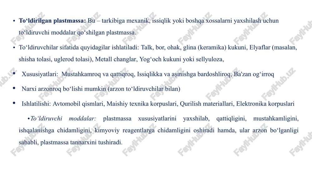 hamiyatga ega (ishlab chiqariladigan plastifikatorlarning 70%i polivinilxlorid ishlashga ketadi). rezina va lok-boʻyoq materiallari ishlab chiqarishda ham keng qoʻllanadi plastifikatorlarning asosiy funksiyalari: polimerlarni yumshatish – plastifikatorlar polimer zanjirlari orasiga kirib, ular orasidagi molekulyar tortishuv kuchlarini kamaytiradi. natijada material yumshoq va egiluvchan bo‘ladi. haroratga chidamlilikni oshirish – baʼzi plastifikatorlar past haroratlarda ham egiluvchanlikni saqlab qoladi. ishlov berish jarayonini yengillashtirish – plastifikatorlar ishlab chiqarishda (ekstruziya, kalandrlash, qoliplash va h.k.) materialni osonroq shakllantirish imkonini beradi. sirt silliqligini oshirish – plastifikatorlar mahsulot yuzasining silliq bo‘lishiga hissa qo‘shadi. plastifikatorlarning turlari: ftalatlar (masalan, dioktil ftalat - dop): eng keng tarqalgan plastifikatorlar; pvc mahsulotlarida ko‘p ishlatiladi. adipatlar (masalan, di-2-etilhekzil adipat): sovuq haroratga chidamli plastifikatorlar. sebakatlar – sovuqqa chidamli maxsus polimerlar uchun. fosfatlar – olovga chidamli plastifikatorlar sifatida ishlatiladi. sitratlar – oziq-ovqat qadoqlashda yoki bolalar o‘yinchoqlarida ishlatiladigan, nisbatan xavfsiz plastifikatorlar. plastifikatorlar qo‘llaniladigan sohalar: polivinilxlorid (pvc) mahsulotlari (kabel qoplamalari, pol qoplamalari, quvurlar) sun’iy charm, oyna plyonkalari o‘yinchoqlar avtomobil sanoati qadoqlash …