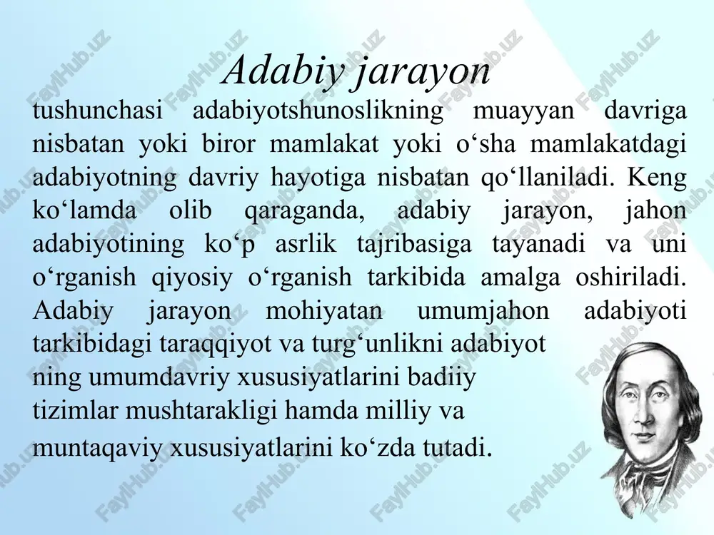 ropa adabiyotlariga ta’siri mumtoz arab poetikasining boshqa islomiy mamlakatlar badiiyatiga ta’siri kuzatilgan. adabiy ta’sir o‘zligini toppish, o‘z yo‘lini asoslash o‘z iste’dodini namoyish qulish vositasidir. adabiy jarayon qonuniyatalari haqida gap ketganda yuqoridagi tilga olingan hodisalarni adabiy jarayon joriylanishi nazarda tutiladi va shular bilan bir qatorda adbiy muhit adabiy maktab kabi ijodiy “muassasalar” ning vujudga kelishi adabiy jarayondagi qonuniy holatdir. adabiy muhit-ijodiy shart-sharoitlar hozirlangan ijodkorning kamol topishi uchun xizmat qilgan adabiy davra, majlis, maktablarni tashkil qiladi. muhit muayyan bir o‘rinda (zamon-makon) mavjud bo‘ladi, shakllanadi, taraqqiy topadi va tanazzulga uchraydi. masalan mumtoz adabiyotdagi eng taraqqiy etgan muhit haqida so‘z ketganda “hirot” adabiy maktabi, “qo‘qon” (umarxon) maktabi, xiva (feruz) adabiy maktabi kabilar misol tariqasida keltiriladi. professor fitrat o‘zbek adabiyoti tarixidagi 3 adabiy maktabni ajratib ko‘rsatgan: yassaviy, navoiy, amiriy maktablari. savol va topshiriqlar: 1. hayotni badiiy aks ettirish prinsiplari deganda nimani tushunasiz? realistik va norealistik prinsiplarni farqlang. 2. “metod” atamasiga izoh bering. badiiy metod nima …