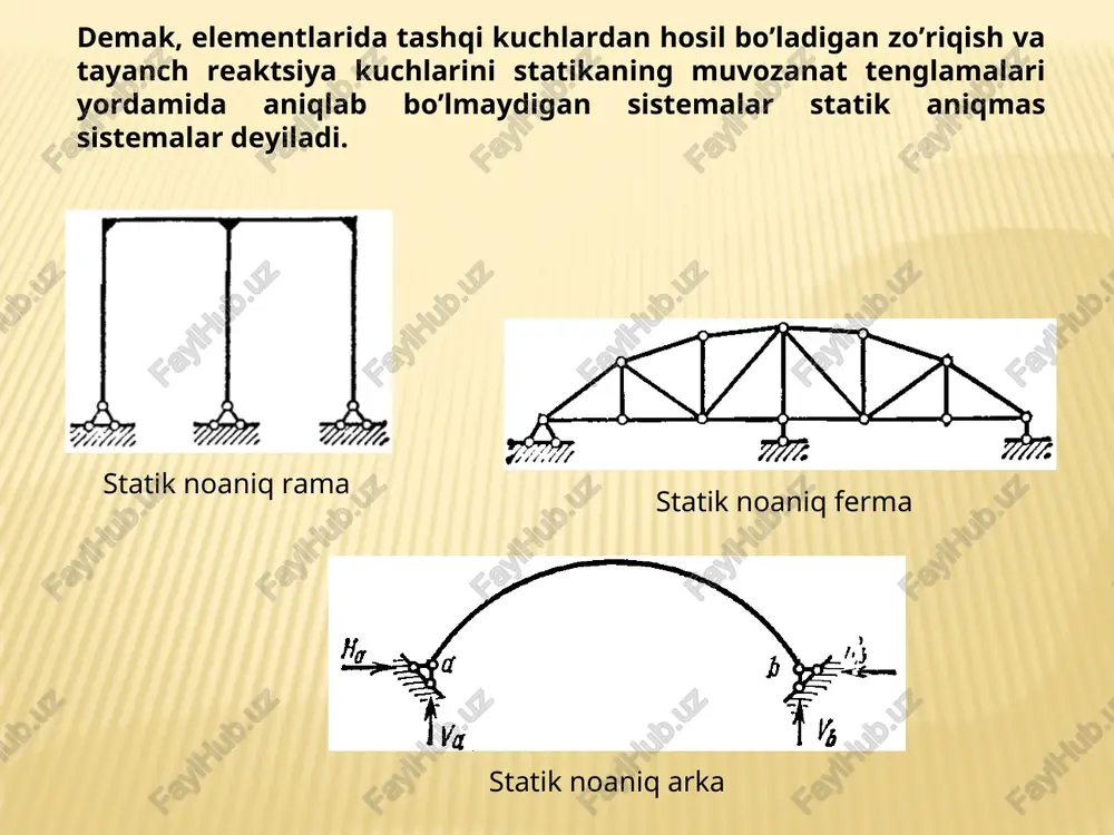 cha tashqi yuklardan va noma’lumlar ta’siridan hosil bo’ladigan ko’chishlar yig’indisining nolga teng ekanligini ifodalovchi kuchlar usulining kanonik tenglamalari sistemasi tuziladi. 4. kanonik tenglamalar sistemasida noma’lumlar oldidagi koeffitsientlar (birlik ko’chishlar) va ozod hadlar aniqlanadi. buning uchun mor formulasidan yoki vyereshchagin usulidan foydalaniladi. 5. kanonik tenglama koeffitsientlari va ozod hadlari kanonik tenglamaga qo’yilib yechiladi va noma’lum x1, x2, .... xn zo’riqishlarning qiymati aniqlanadi. 7. ramaning ixtiyoriy kesimidagi eguvchi moment mx epyura quriladi. 8. ko’ndalang kuch epyurasi qx yakuniy eguvchi moment epyurasi mx asosida chiziladi. 9. bo’ylama kuch epyurasi nx ko’ndalang kuch epyurasi qx dan foydalanib chiziladi. l 1 l 2 l = l 1 + l 2 q à) á) 1 5 .1 - ðàñì q à b à b s, = 2sh +s, —3d berilgan sistema sh s, = 2sh+s,-3d =2*0+5-3%*1=2 fo zz berilgan sistema s, = 2sh+s,-3d =2*0+6-3%*1=3 berilgan sistema tereeeiiits oe asosiy sistema p pp >» <= 4, s …