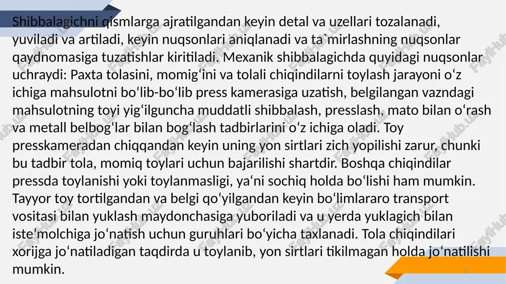 lar yordamida joylashtirilgan paleslarga uzatiladi va buning natijasida porshen o‘z o‘qi bo‘yicha yuqoriga va pastga harakatlanishi natijasida press yashigiga o‘zatilib berilayotgan tolani ma‘lum miqdordagi zichlikkacha shibbalanib so‘ng presslash uchun uzatiladi. b-374a rusumli pressning utv markali mexanik shibbalagichining kinematik sxemasi 24.4-rasmda ko‘rsatilgan. © presentationgo.com by: .com shibbalagich porsheni o‘z o‘qi bo‘ylab yuqoriga va pastga bir tekis harakatlanishi uchun staninaga 7 o‘rnatilgan yo‘naltiruvchi remenlar 6 yordam beradi. shibbalagich porshenini eng pastki nuqtasidan yuqoriga ko‘tarilish paytida esa porshenining yuqori qismiga joylashtirilgan qisish prujinali amartizatori yordam beradi. mexanik shibbalagichni ekspluatasiya qilish davrida sodir bo‘ladigan nosozliklarga asosan ishchi valga mustahkamlangan shesterna tishlarining sinishi, porshenni yuqoriga va pastga harakatlantiruvchi paleslarning yeyilishi va sinishidir, asosiy ishchi qismlardan biri bo‘lib uning ishlash tartibi quyidagicha. gidravlik nasoslar yordamida uzatib berilgan ishchi nosozliklarni kelib chiqishiga asosiy sabab press yashigiga me’yordan ortiqcha bo‘lgan tolaning uzatilishi va uzatilayotgan tolaning namligi 5,5-6,0 foizdan kam bo‘lishidir. © presentationgo.com by: .com 7 me’yordan ortiq tola …