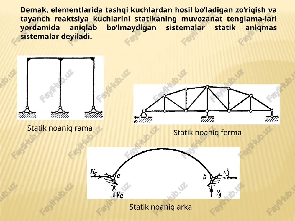 cha tashqi yuklardan va noma’lumlar ta’siridan hosil bo’ladigan ko’chishlar yig’indisining nolga teng ekanligini ifodalovchi kuchlar usulining kanonik tenglamalari sistemasi tuziladi. 4. kanonik tenglamalar sistemasida noma’lumlar oldidagi koeffitsientlar (birlik ko’chishlar) va ozod hadlar aniqlanadi. buning uchun mor formulasidan yoki vyereshchagin usulidan foydalaniladi. 5. kanonik tenglama koeffitsientlari va ozod hadlari kanonik tenglamaga qo’yilib yechiladi va noma’lum x1, x2, .... xn zo’riqishlarning qiymati aniqlanadi. 7. ramaning ixtiyoriy kesimidagi eguvchi moment mx epyura quriladi. 8. ko’ndalang kuch epyurasi qx yakuniy eguvchi moment epyurasi mx asosida chiziladi. 9. bo’ylama kuch epyurasi nx ko’ndalang kuch epyurasi qx dan foydalanib chiziladi. image3.wmf oleobject1.bin image4.png image5.png image6.png image7.png image8.png image9.png image10.png image11.png image12.png image13.png image14.png image15.png image16.png image17.png image18.wmf image19.wmf image20.wmf oleobject2.bin oleobject3.bin oleobject4.bin image21.png image22.png image23.png image24.wmf image25.wmf image26.wmf oleobject5.bin oleobject6.bin oleobject7.bin image27.png image28.png image29.png image30.png image31.emf image32.emf l 1 l 2 l = l 1 + l 2 q à) á) 1 5 .1 - ðàñì …
