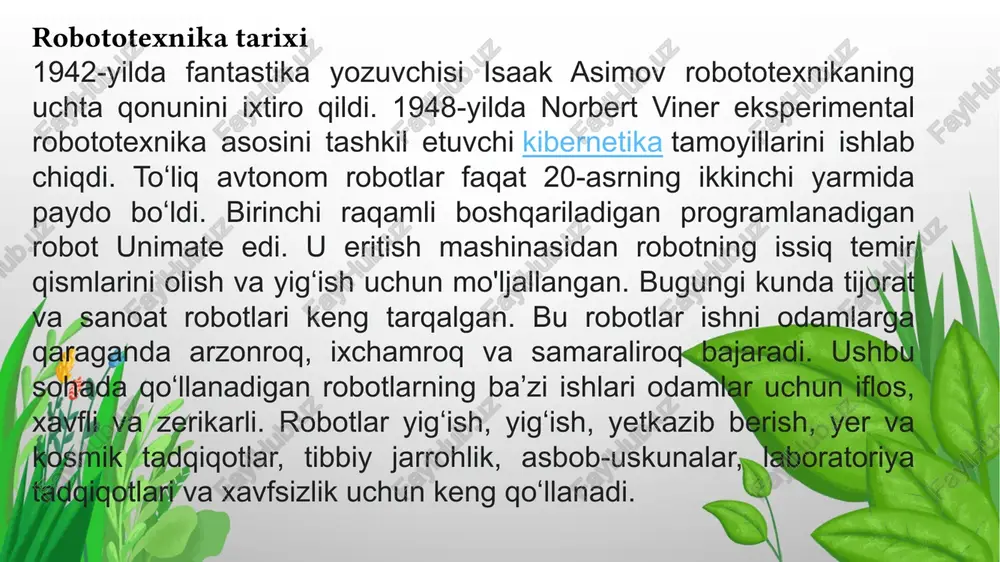 ga yetdi – intellektual robotlar yaratish bosqichi. intellektual robot – bu konkret maqsadda ishlatiladigan robot bo‘lib, funksional sistemalarida sun’iy intellekt metodlaridan foydalaniladi. bu esa robot texnikasidan foydalanish doirasini kengaytirib, inson faoliyatining har qaysi sohasida ishlatiladi. shu bilan birga robototexnikaning yana bir yangi maxsus sohasida ishlar olib borildi. bu ishlar inson oyoq va qo‘li faoliyatiga o‘xshash qadamlab yuruvchi mashinalarni yaratish bilan bog‘liq. bu mashinalar prinsipial yangi turdagi transport turi bo‘lib, oddiy mashina o‘ta olmaydigan joylarda yura oladi. to‘rt va olti oyoqli transport vositalari yaratilyapti. bundan tashqari inson qo‘li va oyog‘i protezlari (ekzoskeletlar) ishlab chiqilyapti. bular haqida pastroqda tanishib olamiz. xx asr oxirida robot-androidlarga qiziqish kuchaydi. hozirgi robot-androidlar zinapoyaga chiqa oladi, boshqa to‘siqlardan o‘ta oladi, murakkab manipulyatsiyalarni bajaradi va hattoki, inson bilan dialog qila oladi. ular uy ishlarini bajara oladi, gid yoki ekskursovod vazifasini bajaradi va h.k. robototexnikani intellektuallashtirish bilan birga uning rivojlanishining boshqa yo‘nalishi mavjud. bu robotlarni miniatyurlashtirishdir. bu ikkita yo‘nalish …