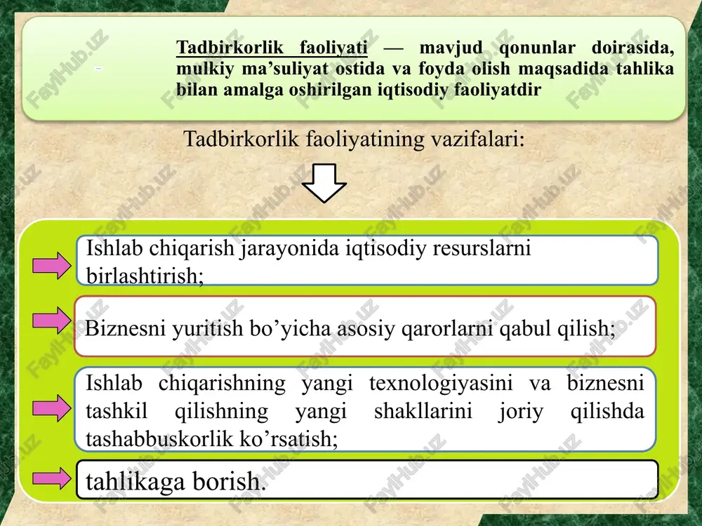 egalik qilish. 2) iqtisodiy erkinlik ya’ni mustaqil ish olib borish, ishlab chiqarishni boshqarish. 3) iqtisodiy xatti harakatlar uchun mas’uliyatni o‘z zimmasiga olish va faoliyati uchun natijasiga javob berish. 4) foyda olishga intilish va uni ta’minlash chora-tadbirlarini ko‘rish. 5) tijorat sirini saqlay bilish. 6) halol raqobat va bozorda mavjud qoidalarga amal qilish. 7) imidjga ega bo‘lish ya’ni boshqalar ishonchini oqlab obro‘-e’tibor orttirish, firmaning obro‘sini ko‘tarish. tadbirkor ixtiyoridagi barcha moddiy vositalar, tovarlar va pul mablag‘lari birgalikda tadbirkorlik kapitali deb ataladi. tadbirkorlik kapitalining o‘z harakatida uch bosqichni izchil bosib o‘tib, muntazam ravishda bir shaklidan boshqa bir shalkiga aylanib, yana dastlabki shakliga qaytib kelishi uning doiraviy aylanishi deyiladi. tadbirkorlik kapitali doiraviy aylanishining yaxlit ko‘rinishi quyidagicha bo‘ladi: asosiy kapital – ishlab chiqarish jarayonida bir qator doiraviy aylanishlar davomida qatnashadi, o‘zining qiymatini tayyorlanayotgan mahsulotga (xizmatga) bo‘lib-bo‘lib o‘tkazib boradi va ashyoviy - buyum shaklini o‘zgartirmaydi. aylanma kapital – bir doiraviy aylanish davomida to‘liq iste’mol qilinadi, o‘zining qiymatini …