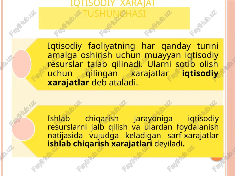lab chiqarish omillarining o’zgarishi 22 mehnatning ixtisoslashuvi boshqaruv xodimlarining ixtisoslashuvi kapitaldan samarali foydalanish qo‘shimcha turdagi mahsulotlarning ishlab chiqarilishi ishlab chiqarish miqyosining ijobiy samarasi ishlab chiqarish hajmi o harajatlar lrac miqyosning ijobiy samarasi o’zgarmas harajatlar miqyosning salbiy samarasi uzoq muddatda harajatlarning o’zgarishi 24 24 srac3 o srac4 srac5 5-tsex 4-tsex 3-tsex 2-tsex 1-tsex srac1 srac2 qisqa va uzoq muddat harajatlari egri chiziqlari bog’liqligi ishlab chiqarish hajmi harajatlar 25 25 srac1 srac3 srac2 srac4 srac5 lrac o qisqa va uzoq muddat harajatlari egri chiziqlari bog’liqligi ishlab chiqarish hajmi harajatlar 26 26 lrac o qisqa va uzoq muddat harajatlari egri chiziqlari bog’liqligi ishlab chiqarish hajmi harajatlar 27 27 foydaning mazmuni. foyda normasi va massasi. korxona foydasi korxonaning barcha pul daromadlari va qilingan sarf-xarajatlari o‘rtasidagi farq korxonaning sof foydasi korxona umumiy foydasidan soliqlar va boshqa majburiy to‘lovlar chiqarib tashlangandan keyin qolgan qismi. buxgalteriya foydasi umumiy pul tushumlaridan ishlab chiqarishning tashqi xarajatlarini ayirib tashlagandan keyingi …