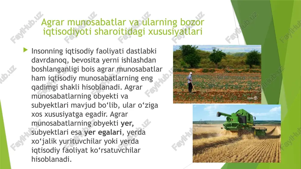 tish davrida kapital boshqa tarmoqlardagidek doiraviy aylanib turadi, ya’ni pul shaklidan ishlab chiqarish vositalari va mehnat predmetlari shakliga, undan tovar shakliga o‘tib, yana pul shakliga qaytib keladi. yerning resurs sifatida alohida xususiyatlari qishloq xo‘jaligi ishlab chiqarishida mehnat jarayonlarining mavsumiyligi sababli, yil davomida aylanma mablag‘larning sarfi bir me’yorda bo‘lmaydi. qish va yoz mavsumlarida xarajat qilinadigan aylanma mablag‘lar tarkibida birmuncha tafovutlar bo‘ladi. masalan, qishda aylanma mablag‘larning ko‘pgina qismi (urug‘lik, yem-xashak, turli oziqalar) ishlab chiqarish ehtiyot qismi shaklida turadi, yoz faslida esa tugallanmagan ishlab chiqarish, texnikaning butlash qismlari, neft mahsulotlari va shu kabilarning hissasi ortib boradi. yer — mulk va xo‘jalik yuritish obyekti sifatida yerga egalik yuridik va jismoniy shaxslarning ma’lum yer uchastkalari tarixan tarkib topgan asoslardagi yoki qonun hujjatlarida belgilangan tartibdagi egalik huquqini tan olishini bildiradi. yerga egalik deganda, avvalo, yerga bo‘lgan mulkchilik huquqi ko‘zda tutiladi. yerga egalikni yeri bo‘lgan mulkdor amalga oshiradi. yerdan foydalanish huquqi — bu tarixan shakllangan urf-odatlar yoki …