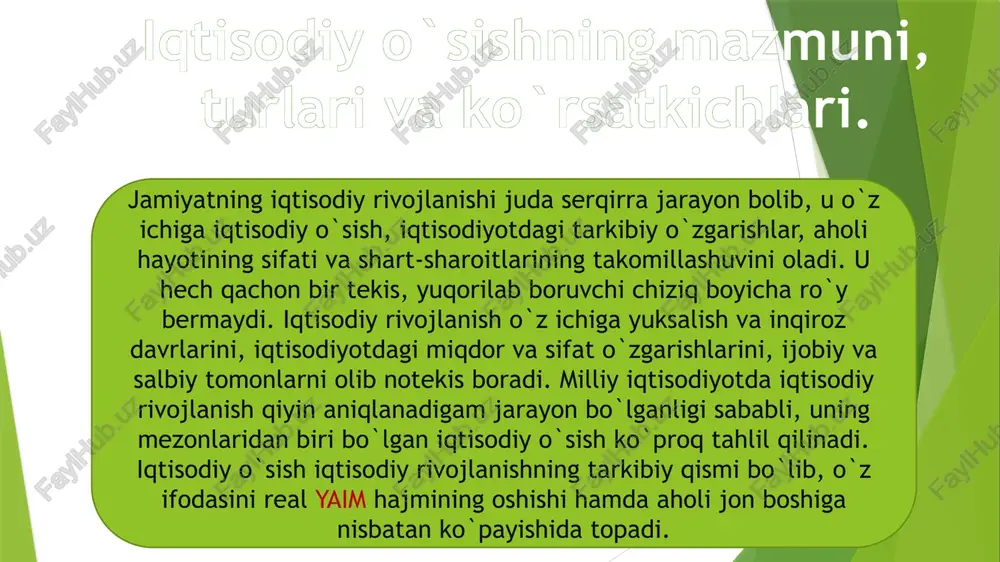 dan to hozrgi davrgacha amaliy hayotda iqtisodiy o‘sish ekstensiv va intensiv omillarning o‘zaro ta’sirida ro‘y berishi tufayli, bu jarayonda qaysi turdagi omillar mavqei yuqoriligini hisobga olib ustuvor ekstensiv va ustuvor intensiv iqtisodiy o‘sish turlari ajratiladi. iqtisodiyotdagi muvozanatlik muammosini tadqiq qilishda iqtisodiy o‘sishning muvozanatli, beqaror va samarali (barqaror) turlari ham ajratiladi. ekstensiv iqtisodiy o‘sish – bunda ishlab chiqarish hajmini ko‘paytirishga qo‘shimcha iqtisodiy resurslarni jalb qilish orqali erishiladi. intensiv iqtisodiy o‘sish – bunda mahsulot hajmini ko‘paytirishga foydalanishga jalb qilingan resurslar miqdorini o‘zgartirmasdan ularning unumdorligini oshirish hisobiga erishiladi. 2. iqtisodiy o’sish omillari taklif omillari talab omillari taqsimlash omillari tabiiy resurslarning miqdori va sifati; investitsion resurslarga talabning ortishi; ishlab chiqarishning real hajmini ko‘paytirish yo‘llari: mehnat resurslari miqdori va sifati; asosiy kapital (asosiy fondlar) ning hajmi; texnologiya va fan-texnika taraqqiyoti. iste’mol tovarlari va xizmatlarga talabning ortishi; aholining umumiy farovonlik darajasi. ishlab chiqarishga ko‘shimcha resurslarni jalb qilish (ekstensiv yo‘l); iqtisodiy resurslarning unumdorligini oshirib borish (intensiv yo‘l). …