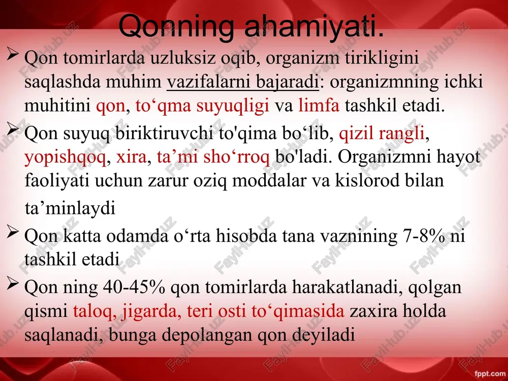 bo‘ladi. qon aylanishi qon aylanish orqali yurak va qon tomirlar faoliyati ta’minlanib turadi. qon aylanish organlari yurak tomirlar arteriya vena kapilyar yurak konus shaklida muskulli organdir. u uch qavatdan tashqi - seroz, epikard - o‘rta muskul - miokard va ichki yassi epiteliy - endokarddan tuzilgan. epikard yurak xaltasiga tutashib ketgan yurak tuzilishi o’ng bo’lmacha o’ng qorincha chap bo’lmacha chap qorincha muskulli to’siq yurak klapanlari tavaqali klapanlar yarim oysimon klapnlar arteriya vena muskul qavat kapillyar tomir. kapilyar bir qavat epiteliy dan iorat qon aylanish doiralari. katta kichik yurakka adashgan nervlar orqali uzunchoq miyadan markazga intiluvchi impulslar keladi. orqa miyaning ko‘krak segmeptidan chiqqan simpatik tugunlardan 2 ta simpatik nerv adashgan nerv bilan birga yurak muskullariga tarmoqlanadi. e’tiboringiz uchun katta rahmat ! toshkent shahridagi yodju texnika institutu kimyo va biologiya kafedrasi “yosh fiziologiyasi va gigiyenasi” fani ma'ruzachi phd dosent abdullayev asilbek e-mail: a.abdullayev@ytit.uz 21 image2.jpeg image3.jpeg image4.jpeg image5.jpeg image6.jpeg image7.jpeg image8.jpeg image9.jpeg image10.jpeg …