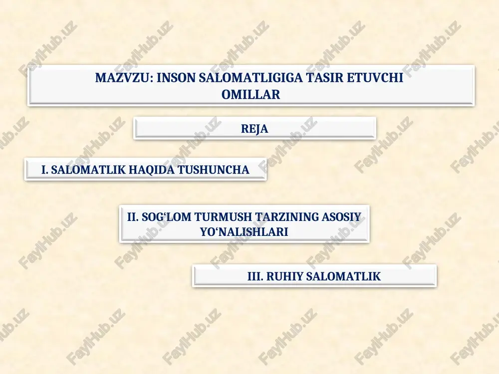 ineral tuzlar qonning oʻzgarmas tarkibini va osmotik bosimni saqlab turish kabi muxim vazifani bajaradi. suyaklarni mustaxkam qilish, bosh miya funktsiyasi uchun zarurdir. mineral tuzlar to‘g‘ri ovqatlanish vitaminlar - xayot zarrachalari sogʻlom turmush tarzining asosiy yoʻnalishlari: toʻgʻri ovkatlanish zararli odatlardan voz kechish tibbiy madaniylik atrof muxit va salomatlik jismoniy faollik va chiniqish mexnat qilish va dam olish me’yori shaxsiy gigiena psixo-gigiena va psixoprofi-laktika yaxshi dam mexnatga xamdam uyqu me’yori 7,5 soatdan kam boʻlmasligi kerak mexnat qilish va dam olish me’yorlari chekish – bu sogʻlik kushandasi. erta oʻlim va turli kasalliklarni keltirib chiqaruvchi zararli odat. zararli odatlardan voz keching nikotin mayda qon tomirlar torayishi yukori nafas yullari kasalliklari yurak qon tomir tizimi kasalliklari bolalar va o'smirlar salomatligiga ta'sir etuvchi omillar k+k "salomatlik - bu bolaning biologik yoshiga mos keladigan hayotiy faoliyat holati, jismoniy va intellektual xususiyatlarning uyg'un birligi, o'sish jarayonida adaptiv va kompensatsion reaktsiyalarning shakllanishi" k+k bolalarning ekosensitivligi - bu bola organizmining …