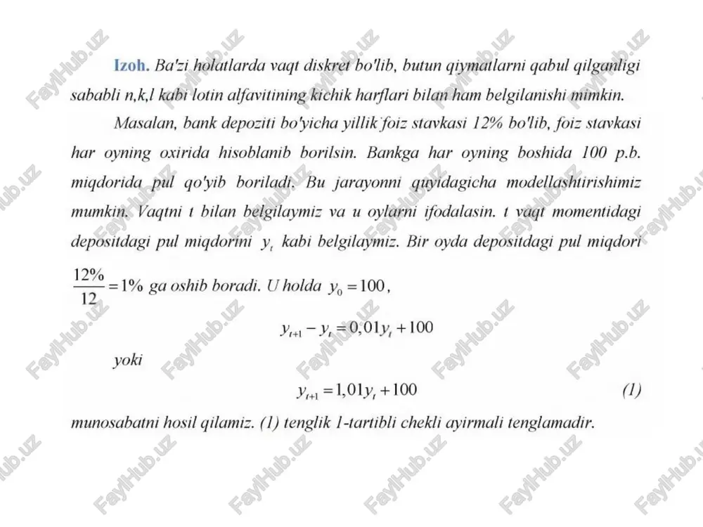 i chekli ayirmali tenglama deyiladi. bu ko'rinishdagi tenglamaning aniq yechimini topish uchun y, miqdorning 1 =0 dagi qiymatini bilish talab qilinadi. ya'ni, biz y, =a shakldagi boshlang'ich shartni_ berishimiz zarur. chekli ayirmali tenglamani ketma-ket yaqinlashish usulida yechish mumkin. yani (3) tenglikda 1=0 deb olib, y, ni topamiz. ikkinchi qadamda (3) tenglikka ¢=1 qiymatini qo'yib, oldingi qadamdan topilgan y, ning qiymati yordamida y, ni topamiz va hakozo. shu usul bilan ¢ ning bizga zarur bo'lgan ixtiyoriy qiymati uchun y, miqdorni aniqlashimiz mumkin chiziqli birinchi tartibli chekli ayirmali avtonom tenglama quyidagi ko'rinishda bo'ladi. yan = ay, +b. (4) yo ma'lum deb qaraymiz. u holda ¢=0 da y= borb ¢=1 deb olsak, ay, +bh=alay, +bh)+b=ay, +(atlb. t=2 da y, =a), +b=ala’y, +(a+1)b)+b= =a y,+(a +a+l)b. bundan ko'rinib turibdiki, shu jarayonni ixtiyoriy ¢ gacha davom ettirsak, d'yy+bl+ata +...+a'") yoki | a'y,+ oe 2 agar a#1 bollsa, -a vy + bt, agar a=1 bo'lsa yechimni …