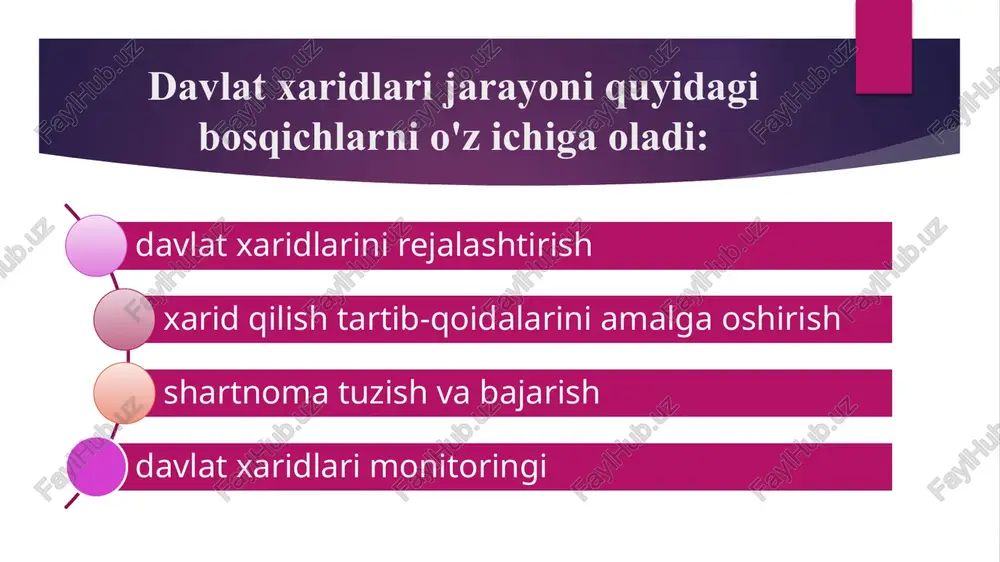 . tomonlar tomonidan shartnoma shartlari bajarilishi - qabul qilish va topshirish dalolatnomasi (bajarilgan ishlar, ko'rsatilgan xizmatlar) imzolangan paytdan boshlab; 7. o'rnatish, ishga tushirish va ishga tushirishni amalga oshirish - qo'llaniladigan texnologiya uchun belgilangan o'rnatish va ishga tushirish ishlarini bajarish shartlari bo'yicha. davlat xaridlari sohasidagi qonun hujjatlarining to‘g‘ri qo‘llanilishi ustidan davlat nazoratini quyidagi vakolatli organlar olib boradi: vakolatli organlar o‘zbekiston respublikasi hisob palatasi o‘zbekiston respublikasi bosh prokuraturasi o‘zbekiston respublikasi korrupsiyaga qarshi kurashish agentligi o‘zbekiston respublikasi moliya vazirligi o‘zbekiston respublikasi monopoliyaga qarshi qo‘mitasi maxsus axborot portali (map) maxsus axborot portali — vakolatli organ tomonidan yuritiladigan, davlat xaridlari toʻgʻrisidagi eʼlonlar, davlat xaridlari natijalari, ishtirokchilarning takliflari va qonun hujjatlarida nazarda tutilgan boshqa maʼlumotlar toʻgʻrisidagi maʼlumotlarni elektron shaklda koʻrishni, shuningdek maʼlumotlarni toʻplashni taʼminlaydigan veb-sayt (maxsus elektron platforma). davlat xaridlari to'g'risidagi ma'lumotlar quyidagilarni o'z ichiga oladi: davlat xaridlari to'g'risidagi qonun hujjatlari; davlat xaridlari jadvallari; davlat xaridlari to'g'risidagi e'lonlar; hujjatlarning standart shakllari; xarid qilish tartib-qoidalarida ishtirok etish …