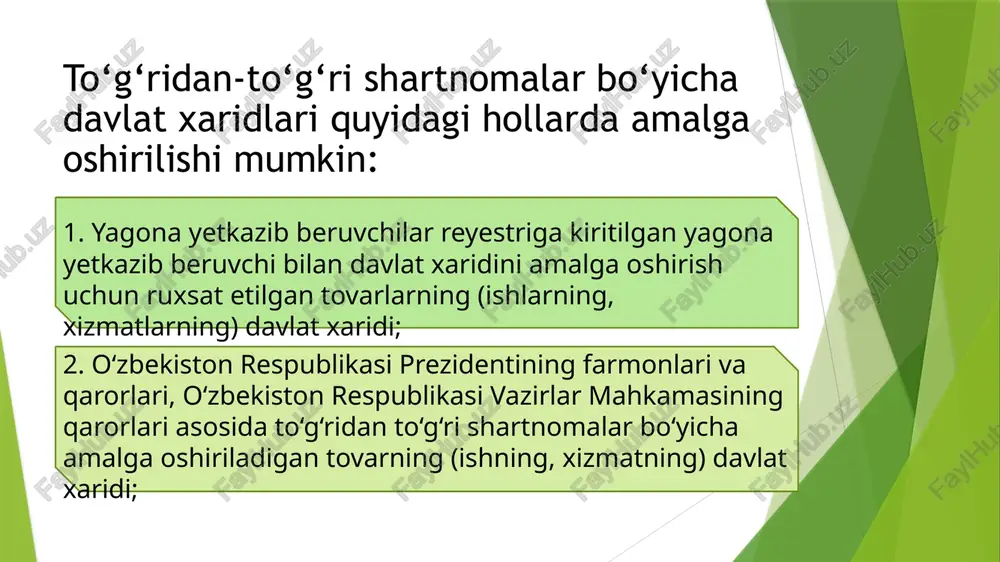 o’tadi. korxona yoki tashkilot yagona yetkazib beruvchilar reestriga kirish imkoniyatiga ega bo‘lishi uchun vakolatli organlarga to‘ldirilgan shaklni ilova qilgan holda yozma ravishda murojaat etishi lozim bo‘ladi. ayni paytda reestrga respublika bo‘yicha o‘zbekiston respublikasida yagona davlat xaridlari yetkazib beruvchisi bo‘lgan 379 ta xususiy va davlat tashkilotlari kiritilgan. bitta yetkazib beruvchidan sotib olish o'zining afzalliklari va kamchiliklariga ega. afzalliklari: ishonchli yetkazib beruvchi bilan shartnoma tuzish; shartnoma tuzish tartibini buzishning minimal xavfi; shartnomani tuzish uchun minimal vaqt va moliyaviy xarajatlar. kamchiliklari: shartnoma narxi pasaytirilmaydi; raqobat yo'q; tovar sifatiga qo'shimcha talablar qo'yish mumkin emas. image1.png image2.png image3.png image4.png reja jadval tovarlar( ish, xizmatlar) savdoga qo‘yish hajmi va muddatini belgilovchi hujjat milliy do*kon elektron do'kon ishtirokchilarning takliflaridan iborat fuqarolik huquqiy shartnoma xarid jarayonini amalga oshirish turi, g‘olib deb topilgan ishtirokchi... chorak va yillik reja-jadval hamda moddiy-texnik lar ro'yxati eo» ey auksion boshlang‘ich narxni tushirishga garatilgan auksion elektron eng yahshi taklifni tanlash elektron shakldagi xarid jarayonini …