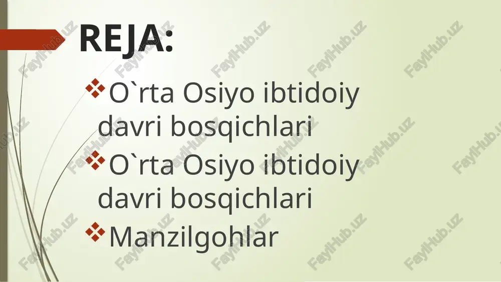 . omonqo`ton g`or-manzili samarqandan 45 km janubda bulbulzorsoyning quruq o`zani yon bag`rida omonqo`ton qishlog`ida joylashgan. 1947-1957 yillarda d.lev raxbarligidagi samarqand davlat universiteti arxeologiya guruxi manzilda tekshirish ishlarini olib bordi. manzil kengligi 1,5 m, balandligi 0,9 m bo`lib, madaniy qatlam chukurligi 25 m. madaniy qatlamdan kirg`ich, kurakchalar, o`tkir uchli paykon, plastinkalar, nuklues va qo`l chopqilari topilgan. shu bilan birga, arxar, ayiq, tog` echkisi suyaklari olingan. madaniy qatlamdan o`chok-gulxan qoldiqlari uchraydi. manzilda neandertal odamlari xo`jalik yuritganlar. gurdara – samarqanddan janubi – sharqda, urgut tumanining go`rdara qishlog`i xududida joylashgan. manzil madaniy qatlamida uchirindilar, tosh qirg`ichlar, nukleuslar, qirg`ichsimon mexnat qurollari topilgan. this presentation uses a free template provided by fppt.com www.free-power-point-templates.com qutirbulok- samarqanddan 110 km janubi-g`arbida, zirabulok tog`ining shimoliy yonbag`irdagi qutirbuloq nomini olgan buloq atrofida ochik manzil sifatida joylashgan. manzilda 5 ta madaniy qatlam o`rganillib undan paykonlar, qirg`ichlar, teshgichlar, parmalar kabi mexnat qurollari olingan. shu bilan birga tur, bug`u, it, kulon, bug`i suyaklari xam …