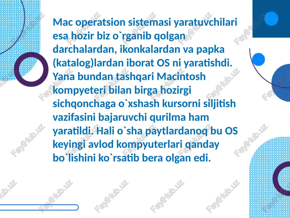 bir vazifali, koʼp vazifali; protsessorlarni qoʼllash soni boʼyicha: bir protsessorli, koʼpprotsessorli; ot razryadliligi boʼyicha: 8-razryadli, 16-razryadli, 32- razryadli, 64-razryadli; interfeysa tipi boʼyicha: buyruqli (matnli) va obʼektga yoʼnalganligi (grafik); exmga foydalanuvchining dostup tipi boʼyicha: paketni qayta ishlash, vaqtni taqsimlash, real vaqtdp bajarilishi; resurslarni ishlatish tipi boʼyicha: tizimli, lokal. image3.jpeg image1.png image4.png image5.png image6.png image7.png image8.jpeg image9.png image10.png image2.png hi a, mo wy of ‘e850, = os pee i) redhat solaris ==> sun cobalt = 1 dindroid gos