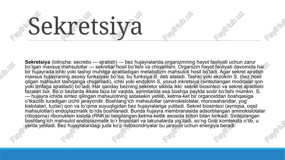 ning bo'yi past bo'lsa ham aqliy faoliyati normal bo'ladi. bo'y o'sishi to'xtagan katta odamlarda somatotrop gormoni ko'p iswab chiqarilsa, akromegaliya kasalligi sodir bo'ladi. bunda odamning burni, labi, iyagi, tili, qo'l va oyoq panja¬larining hajmi kattalashadi. . adrenokortikotrop gormon buyrak usti bezining ishini bosh¬qaradi, ya'ni kortikosteroid gormon ishlab chiqarilishini tartibga soladi. tireotrop gormon qalqonsimon bezning ishini, ya'ni undan tiroksin gormoni ishlab chiqarilishini boshqaradi. gonadotrop gormon erkaklar va ayollarning jinsiy bezlari funksiyasini boshqaradi, o'smirlarda esa balog'atga yetish belgilari paydo bo'lishida ishtirok etadi. laktotrop gormon ayollarda sut bezlarining funksiyasini bosh qaradi. lyuteinlovchi gormon homilador ayollarda homilaning normal rivojlanishini boshqaradi. gipofizning oraliq bo'lagidan intermedin gormoni ajraladi. u terida pigment hosil bo'lishini boshqaradi. gi pofizning orqa bo'lagidan ikkita gormon ajraladi (oksitotsin va vazopressin). oksitotsin gormoni homilador ayollarda bacha¬don ihuskullarining qisqarishini kuchaytirib, tug'ish jarayonini osonlashtiradi. vazopressin, ya'ni antidiuretik gormon (ad g) organizmda suv almashinuvini boshqaradi, ya'ni u buyrakning egri-bugri kalavasimon kanalchalarida birlamchi siydikning 98,5¬99% i qonga …