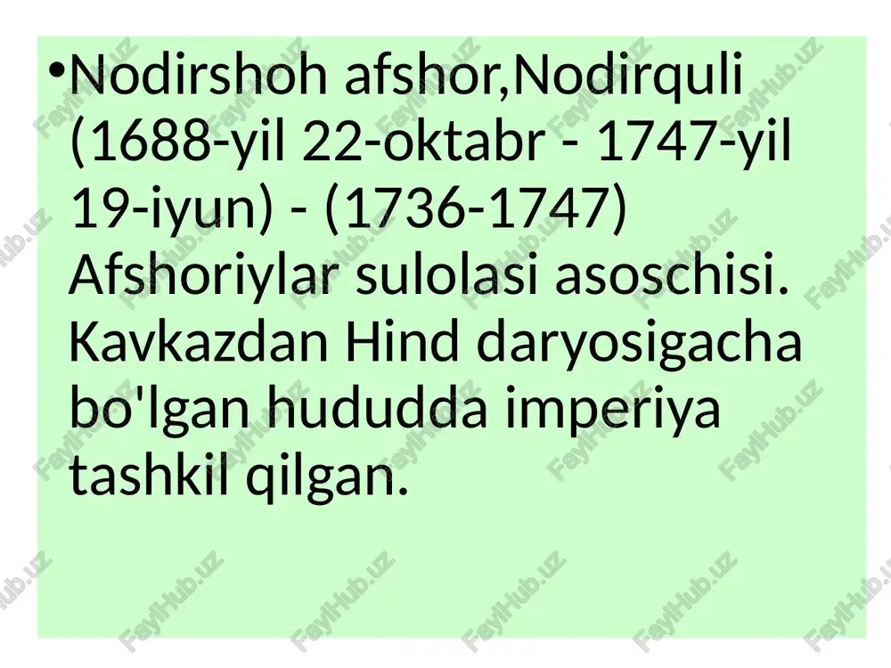 1908 yil 23 iyun muhammad ali shoh fors qo'shinlari tomonidan. qo'mondonlik ostida kazak brigadasi. chor zobitlari aksilinqilob qildilar. toʻntarish, majlis va enjomenni tarqatib yubordi, reaksiyani tiklad eʼtiboringiz uchun rahmat image1.jpeg image2.jpeg image3.jpeg image4.jpeg image5.jpeg image6.jpeg image7.jpeg image8.jpeg image9.jpeg image10.jpeg image11.jpeg image12.jpeg image13.jpeg py21pq-1ydansly d8iqhy40} suluyvjavp p is 11nd aipon avpob d§iia -9ezt aow-jo} oq uo, bjp juu0sz ‘qua 1y2 11nd 4ipon ujurys, ob uo, we d dpjia-0ezt ipb th} qojarlar sulolasi hukmronligining o'rnatilishi. nodirshoh halokatidan keyin imperiya bir necha qismlarga bo'linib ketdi. eronda turli qabilalar o'rtasida toju taxt uchun kurash avj oldi. bu kurashda asosiy rolni zend va qojar qabilalari o'ynadi. ular o'rtasidagi toju taxt kurashi 1758- yilda zend qabilasi g'alabasibilan tugadi. = bu kurashdazendlarning asosiy raqibi qojarlar g'alaba qozondi. bu gabila rahnamosi og'a muhammadxon 1796- yilda o'zini eron shohi deb e'lon qildi. eronda yangi sulola - qojarlar sulolasi hukmronligi o'rnatildi.