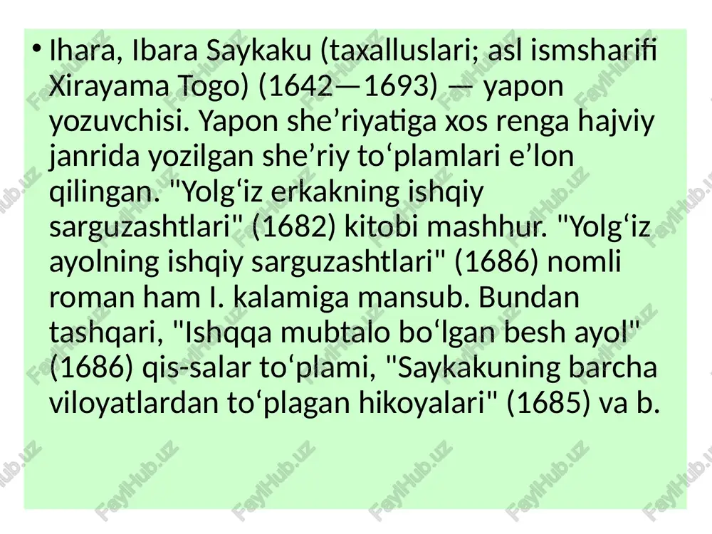 the presentation prepared by mukhamedova gulnoza, a student of the 3rd year, group 303, department of history, faculty of history, termiz state university, on the subject "cultural and economic relations between uzbekistan and japan" japanese new age culture and social life accepted by : eyiti imamura ihara, ibara saykaku (taxalluslari; asl ismsharifi xirayama togo) (1642—1693) — yapon yozuvchisi. yapon sheʼriyatiga xos renga hajviy janrida yozilgan sheʼriy toʻplamlari eʼlon qilingan. "yolgʻiz erkakning ishqiy sarguzashtlari" (1682) kitobi mashhur. "yolgʻiz ayolning ishqiy sarguzashtlari" (1686) nomli roman ham i. kalamiga mansub. bundan tashqari, "ishqqa mubtalo boʻlgan besh ayol" (1686) qis-salar toʻplami, "saykakuning barcha viloyatlardan toʻplagan hikoyalari" (1685) va b. ihara, ibara saikaku (pseudonyms; real name hirayama togo) (1642-1693) is a japanese writer. poetry collections written in the renga comic genre typical of japanese poetry have been published. the book "romantic adventures of a single man" (1682) is famous. the novel "romantic adventures of a …