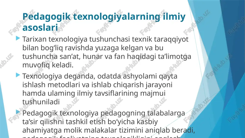 iylashuv. jarayon sifatida o‘yin tuzilmasi (g.k. selevko ta’biricha) quyidagilarni qamrab oladi: • o 'ynash uchun olingan rolla r ; • bu rollarni ijro etish vositasi bo’lg an o 'y in harakatlari; • predmetlarni, ya’ni haqiqiy narsalarni shartli, o 'yin narsalari o‘rnida qo'llash; • o'yinda ishtirok etuvchilarning real o'zaro munosabatlari; • o'yinda shartli ravishda yaratilgan syujet (mazmun ) — ijro sohasi. o’yinli texnologiyalar e’tiboringiz uchun raxmat! image1.jpg image2.jpg image3.jpg image4.png e pedagogik texnologiya fanini o‘qitish maqsadi:-bo‘lajak mutaxassisliklarni mavjud pedagogik qonuniyatlar va aniq shart-sharoitga asosan_ta‘lim- tarbiya jarayonini loyihalash samarali metod va vositalarni tanlanga o‘rgatishdan iborat. e bubirinchi navbatda pedagogik texnologiyaning muhim qismi- pedagogik predmetlar va mavzular bo‘yicha ta‘lim maqsadilarini aniqlash usullariga taalluqlidir. faoliyat sohasi jihatidan pedagogik o‘yinlar sotsial ll psixologiya [ jismoniy |[intellektual ]|__mehnat pedagogik jarayon xarakteri jihatidan i , , bish ‘kommunikativ ta'limiy, creating, |} gdroketwvchi), repraduktev, diagnostik, kasbiy mazorat etvci, ‘ raduktv, uumuemashtirusho iarbiyaviy pedy tashhiliy, aizigtruvchi psixologik ovo, mete …