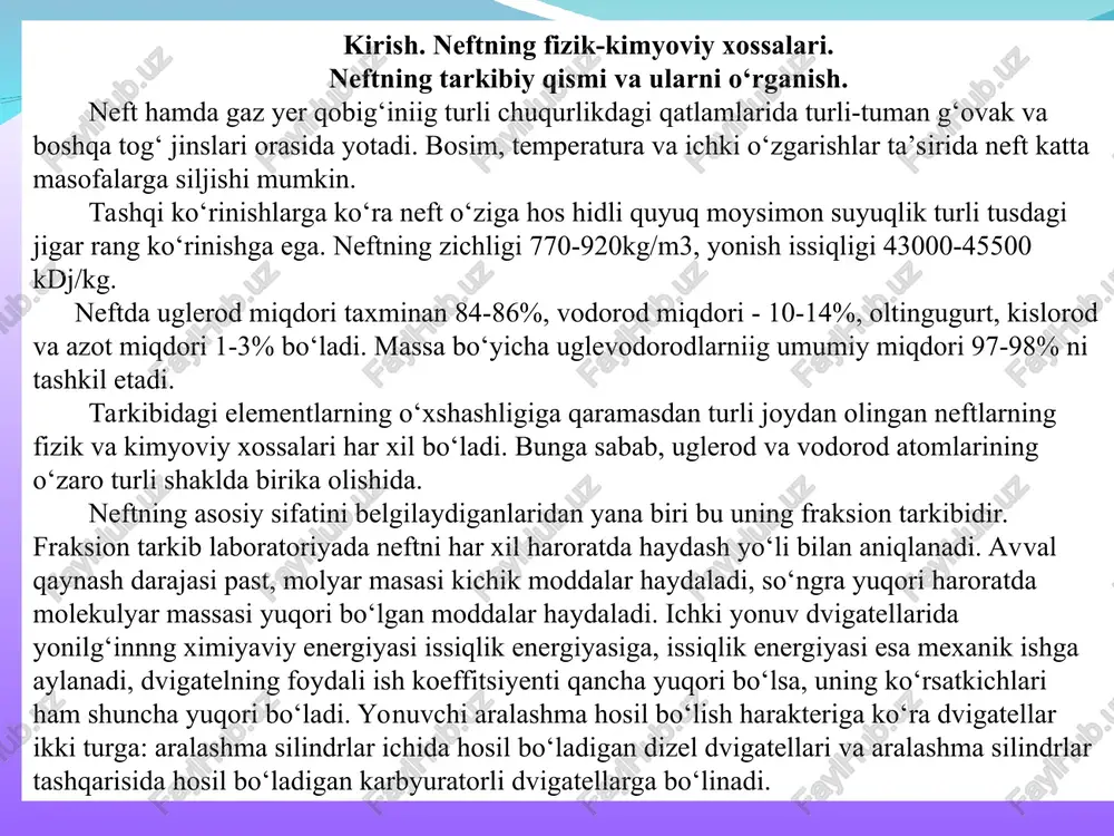 asi bilan meyorlanadi. u qancha past bo‘lsa, yonilg‘ining tarkibi va uning xossalari shuncha bir-biriga yaqin bo‘ladi, hamda dvigatel shuncha turg‘un ishlaydi. 90% qaynash nuqtasidan to qaynab bug‘lanishning oxirigacha og‘ir uglevo-dorodlar bug‘lanadi (egri chiziqning pastki qismi). bu nuqtalar orasidagi temperaturalar farqi qancha kam bo‘lsa, yonilg‘ining sifati, uning tejamligi shuncha ko‘p bo‘ladi va dvigatellar shuncha kam yeyiladi. yonilg‘ida og‘ir uglevo-dorodlarning bo‘lishi maqsadga muvofiq emas, chunki ular batamom bug‘la-nib ketmaydi. ular suyuq tomchi holatida qolib, porshen halqalari orasida-gi tirqishdan dvigatel karteriga tushadi, surkov moylarini yuvib ketadi, moyni suyultiradi, natijada detallar tez yeyiladi va yonilg‘i sarfi ortadi. yonilg‘ining fraksion tarkibi karbyuratorli dvigagellar uchun muhim ahamiyatga ega. dizellarda yonilg‘ining to‘zitilish sifati, chiqayotgan gazning tutashi, qurum hosil bo‘lish tezligi ham yonilg‘ining fraksion tarkibiga bog‘liq. agar dizel yonilg‘isida yengil uglevodorodlar ko‘p bo‘lsa, dizel qattiqrok taqillab ishlaydi, qaynash temperaturasi yuqori bo‘lgan og‘ir yonilg‘i yirik tomchilar tarzida to‘zitiladi, bunda yonuvchi aralashma sifati yomonlashadi va yonilg‘i sarfi ortadi. ish bajargan …