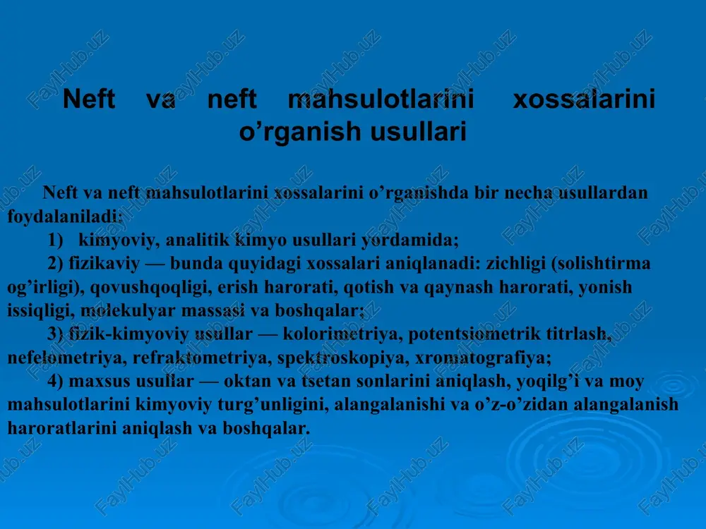 ratlarini oshishi bilan ko’tarilib boradi. to’g’ri zanjirli alkanlar kristalli tushish xususiyatiga ega, ko’p tarmoqli alkanlar bir necha alkil gruppalariga ega bo’lgan bir halkali alkanlar, aromatik uglevodorodlar va naftalin gomologlari kristallga tushmay amorf holatiga o’tadi. odatda harorat pasayishi bilan neft mahsulot quyuqlashadi va so’ngra kristallga tushadi. quyuqlashish jarayoni boshlanishi xavfli hisoblanadi, chunki bu vaqtda parafinlarning kristallari hali qattiq tusni olmagan bo’lishiga qaramay, neft mahsuloti o’zining harakatchanligini kamaytiradi, filtrlarga tiqilib qolishi va trubalarda probka hosil qilishi mumkin. shu sababli neft mahsulotlarini qotish haroratini bilish muhim ahamiyatga ega. o’t olish, alangalanish va o’z – o’zidan alangalanish harorati neft mahsulotini bug’lariga chetdan alanga olib kelinganda havodagi kislorod bilan yonuvchi aralashma hosil qiladigan haroratni o’t olish harorati deymiz. bu alanga qisqa muddatda yonib, keyin o’chadi. modda bug’larining ma’lum miqdordagi kontsentratsiyasigina havodagi kislorod bilan birga o’t oluvchi aralashma hosil qiladi. shu sababli moddaning kontsentratsiyasini yuqori va pastki chegaralari birligi qabul qilingan. aralashmada modda bug’larini kontsentratsiyasi meyoridan …