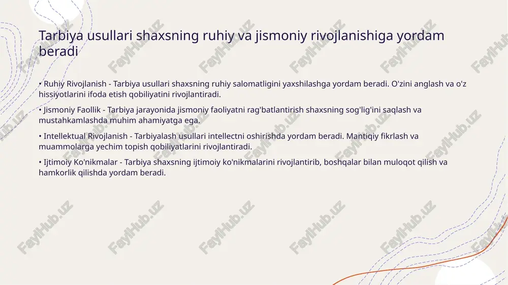 l hisoblanadi • o'z-o'zini tarbiyalashning ahamiyati - shaxsning o‘z-o‘zini tarbiyalashi uning shaxsiy rivojlanishi uchun muhimdir. • mustaqil bilim olish - o'z-o'zini tarbiyalash jarayonida shaxs mustaqil ravishda yangi bilimlarni egallaydi. tarbiya jarayonida muloqotning o‘rni alohida • muloqotning ta'limdagi ahamiyati - muloqot ta'limda o‘qituvchi va o‘quvchi o‘rtasida bilim uzatish jarayonini osonlashtiradi. bu jarayon fikr almashish va o‘zaro tushunishni mustahkamladi. • o‘qituvchi va o‘quvchi o‘rtasidagi munosabatlar - samarali muloqot o‘qituvchi va o‘quvchi o‘rtasida ishonchli munosabatlar o‘rnatadi. bu, o‘quvchilarni o‘zlarini erkin ifoda etishga undaydi. • akademik muvaffaqiyat - yaxshi muloqot o‘quvchilarning akademik samaradorligini oshiradi. o‘quvchilar o‘z fikrlarini aniq ifodalash orqali bilimlarini mustahkamlashadi. • tashqaridagi ta'sir - muloqot jarayoni faqat sinf ichida emas, balki tashqarida ham muhimdir. o‘quvchilar va o‘qituvchilar jamoaviy ishlar va tadbirlarda fikr almashish orqali bir-birlarini qo‘llab-quvvatlaydilar. tarbiya usullari orqali etika va axloqiy qadriyatlar o‘rganiladi • axloqiy qadriyatlarning ahamiyati - axloqiy qadriyatlar inson hayotining asosiy qismidir. ular shaxsning to‘g‘ri yoki noto‘g‘ri tanlovlarida muhim …